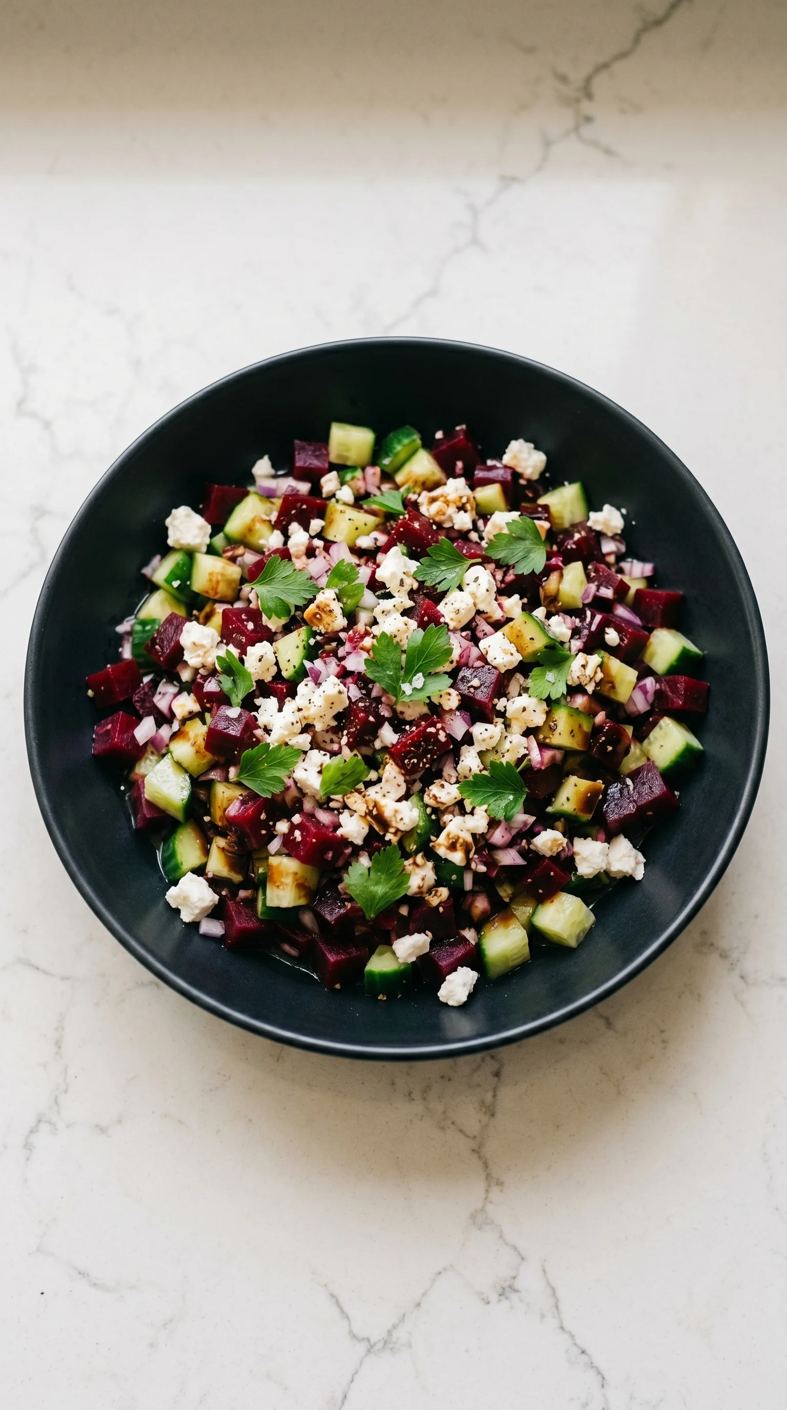 A bowl of food with feta cheese, onions, and cucumbers.