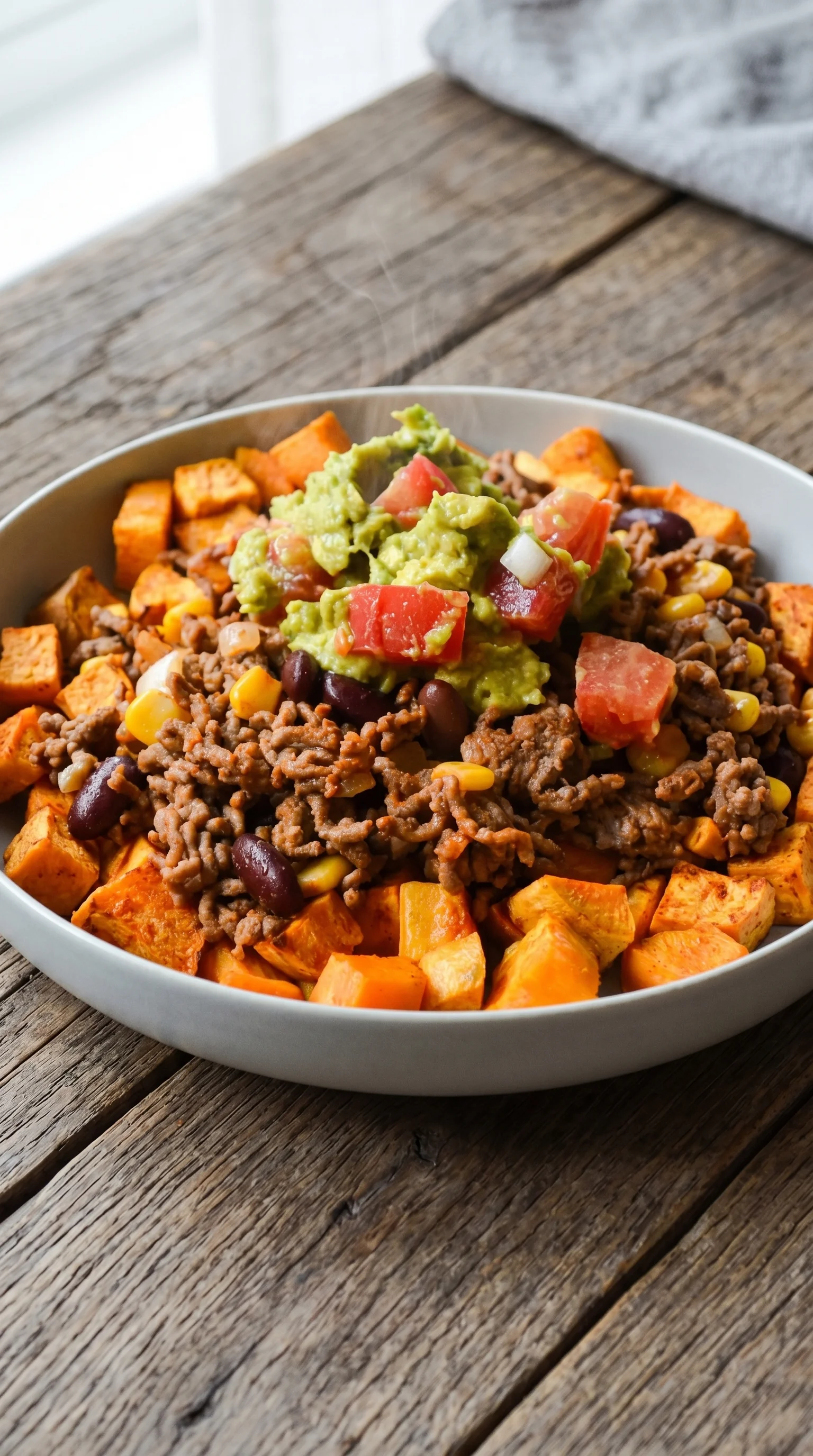 A bowl of food potatoes, corn, and avocado.