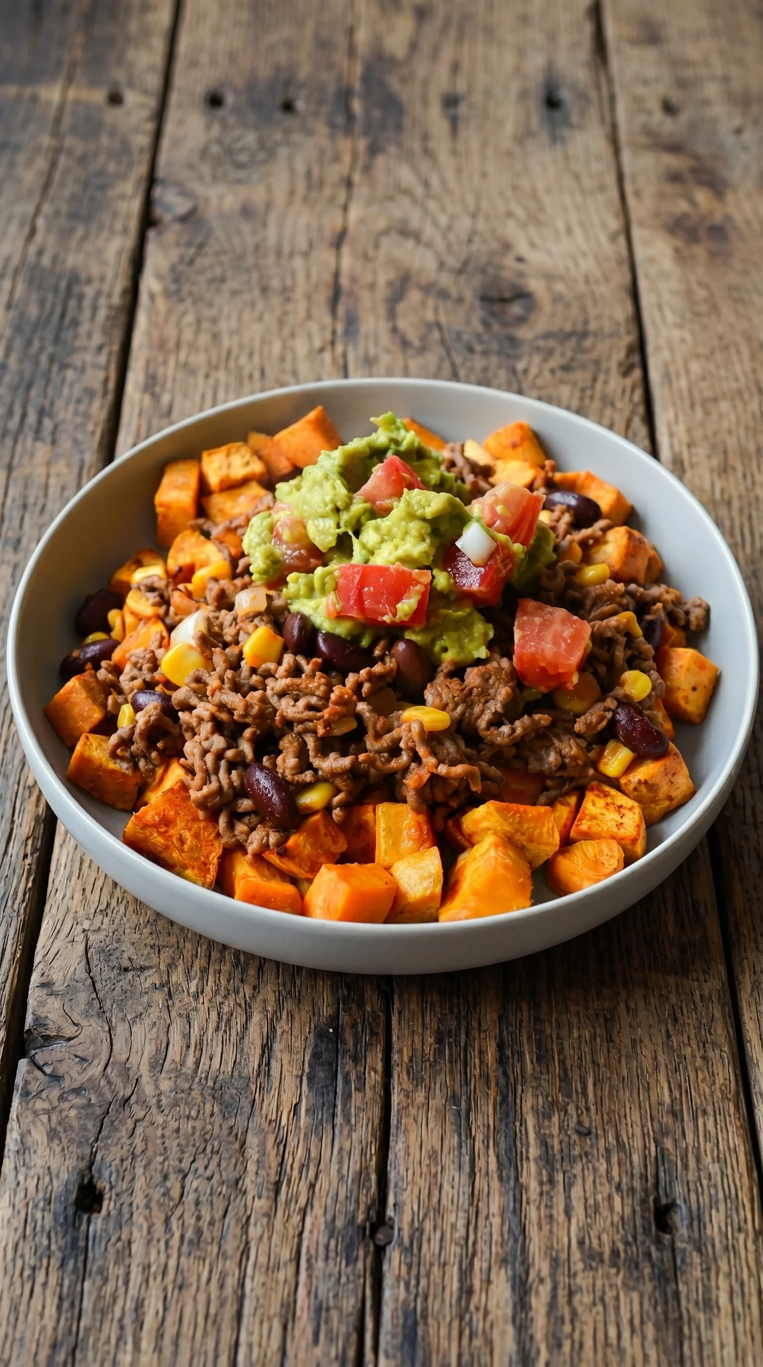 A bowl of food with a burrito and sweet potatoes.