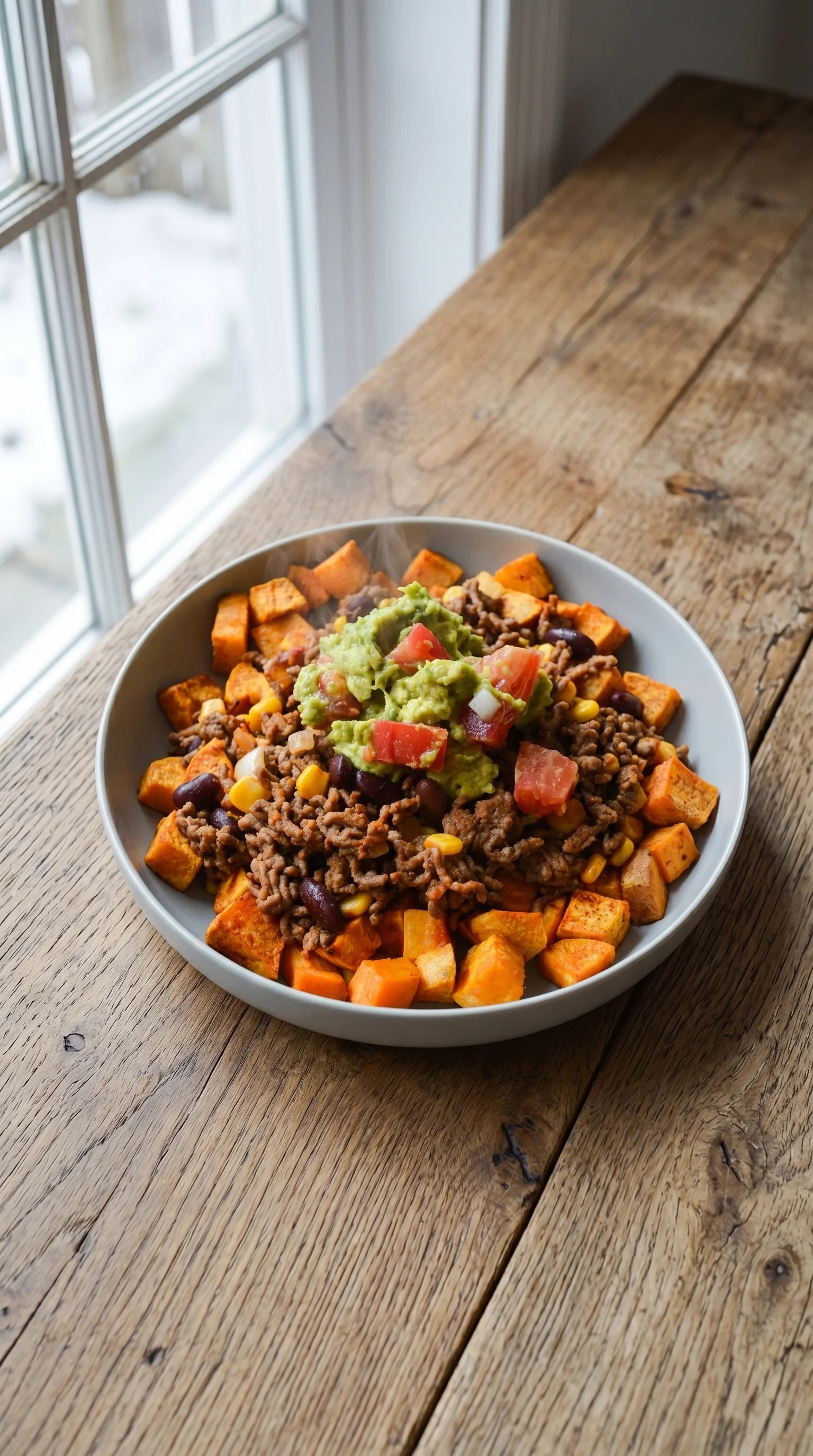 A bowl of food with a burrito and sweet potatoes.