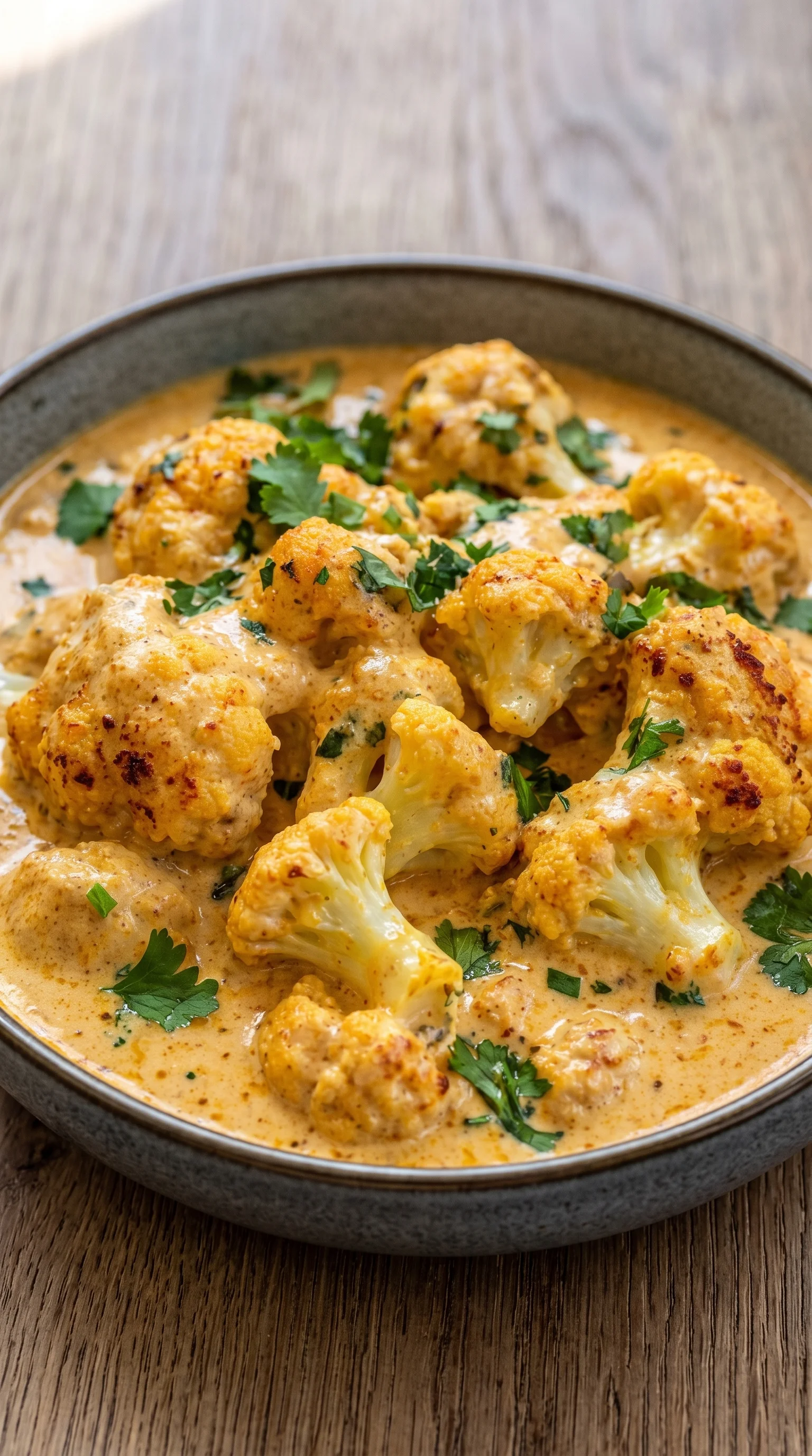 A bowl of cauliflower in a creamy sauce.
