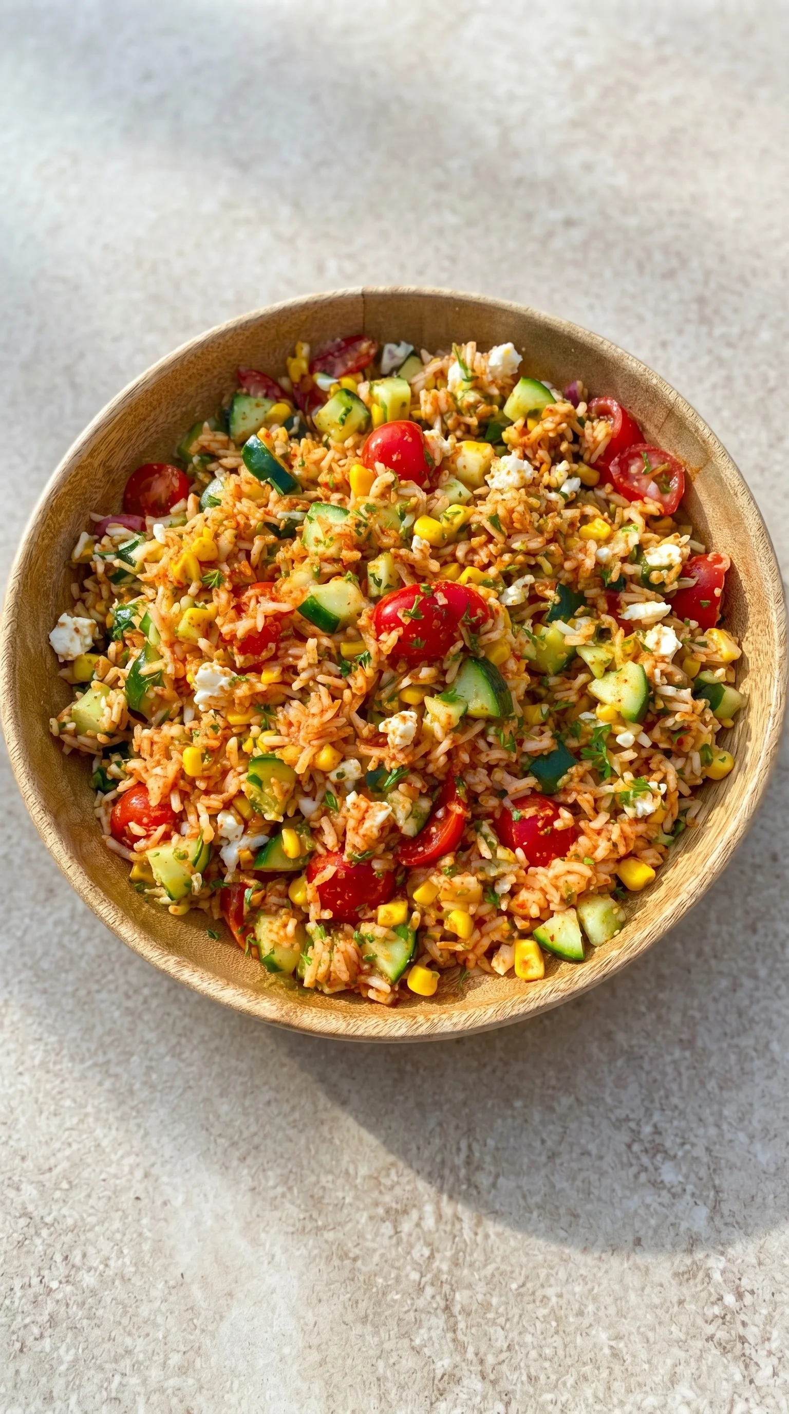 A bowl of rice with vegetables and a pesto dressing.