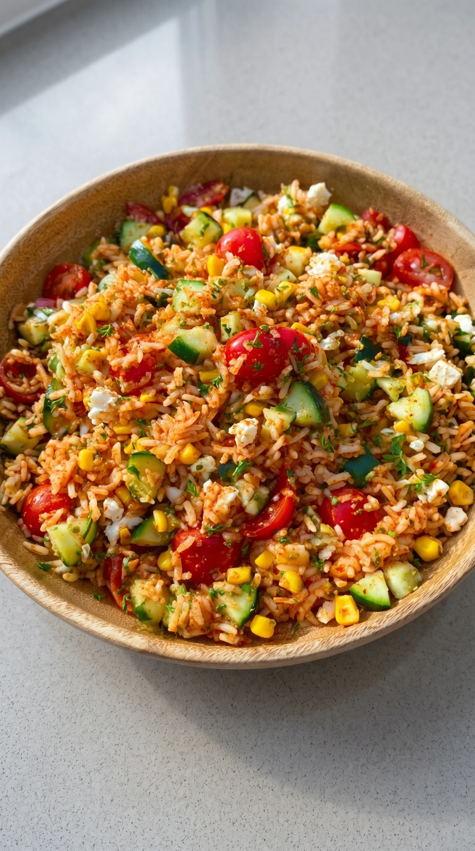 A bowl of rice with vegetables and cheese.