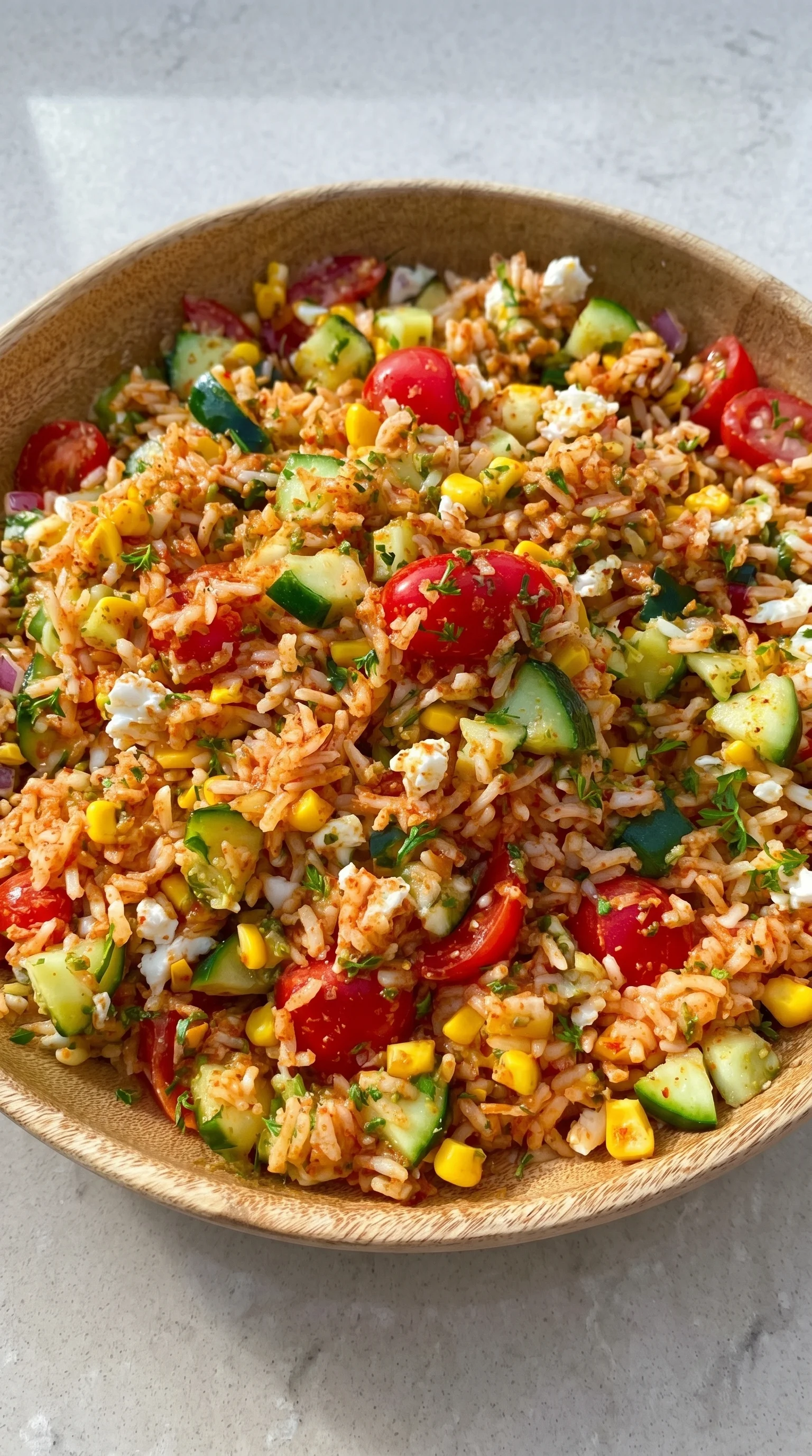 A bowl of rice with vegetables and cheese.