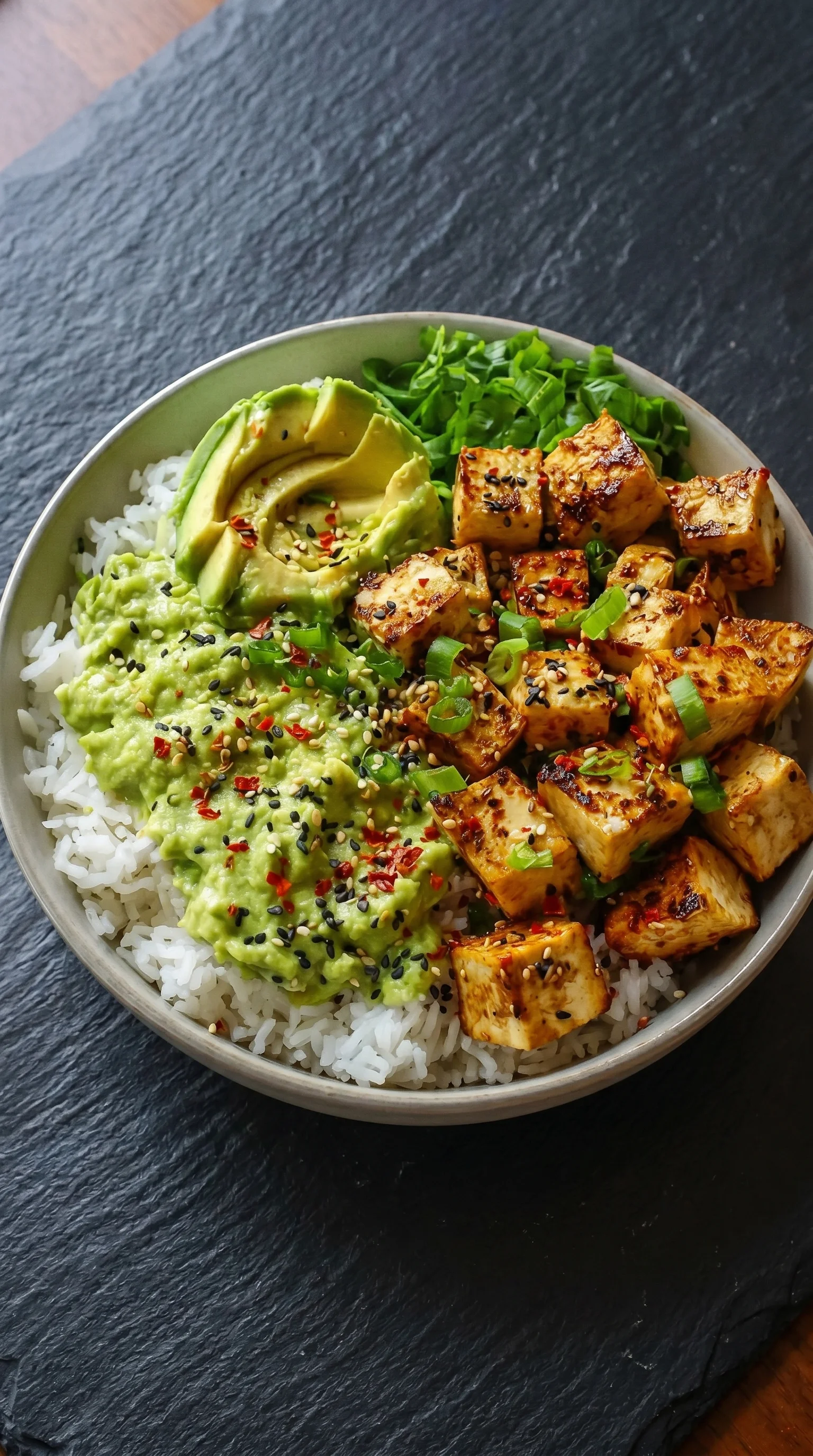 A bowl of food with rice, tofu, and avocado.