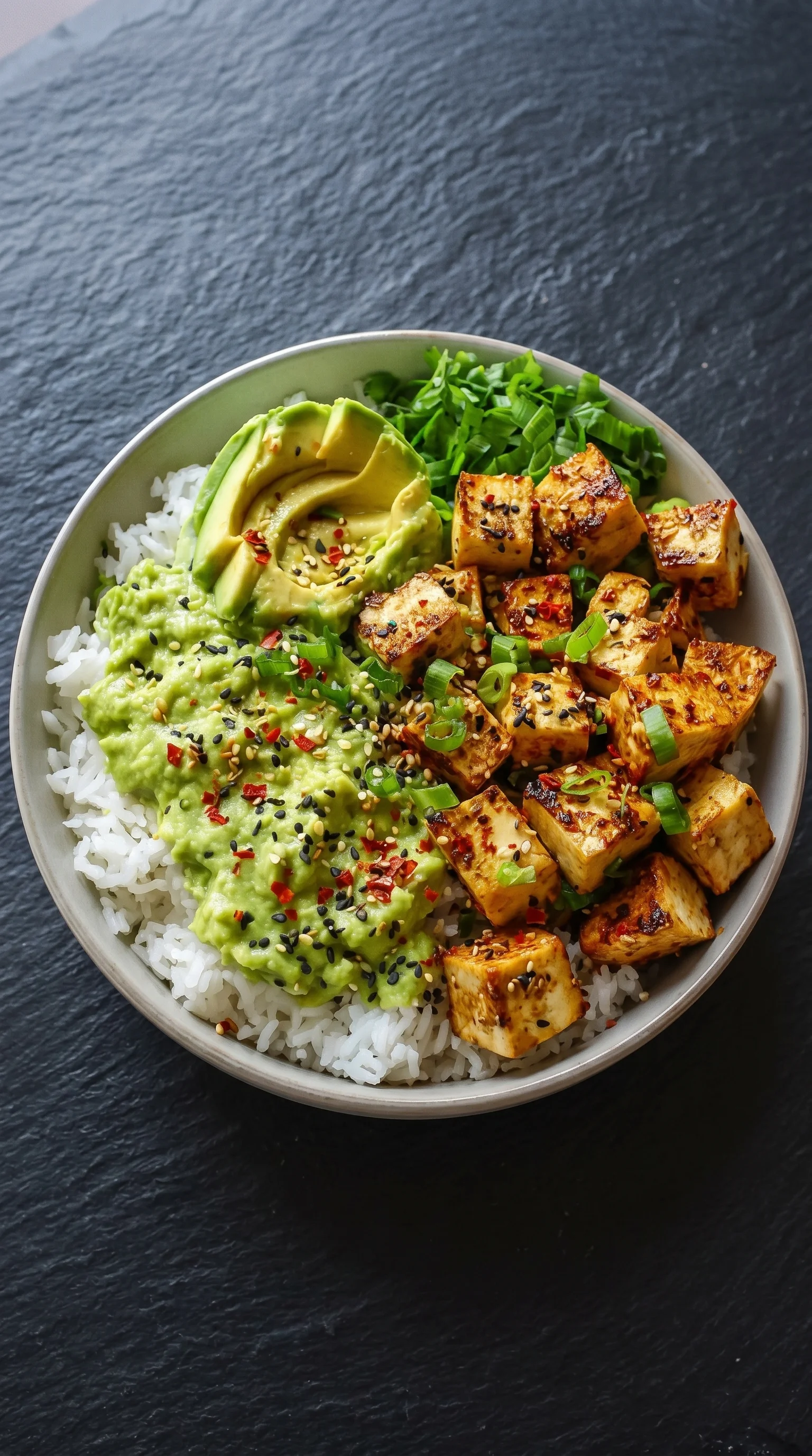 A bowl of food with rice, tofu, and avocado.