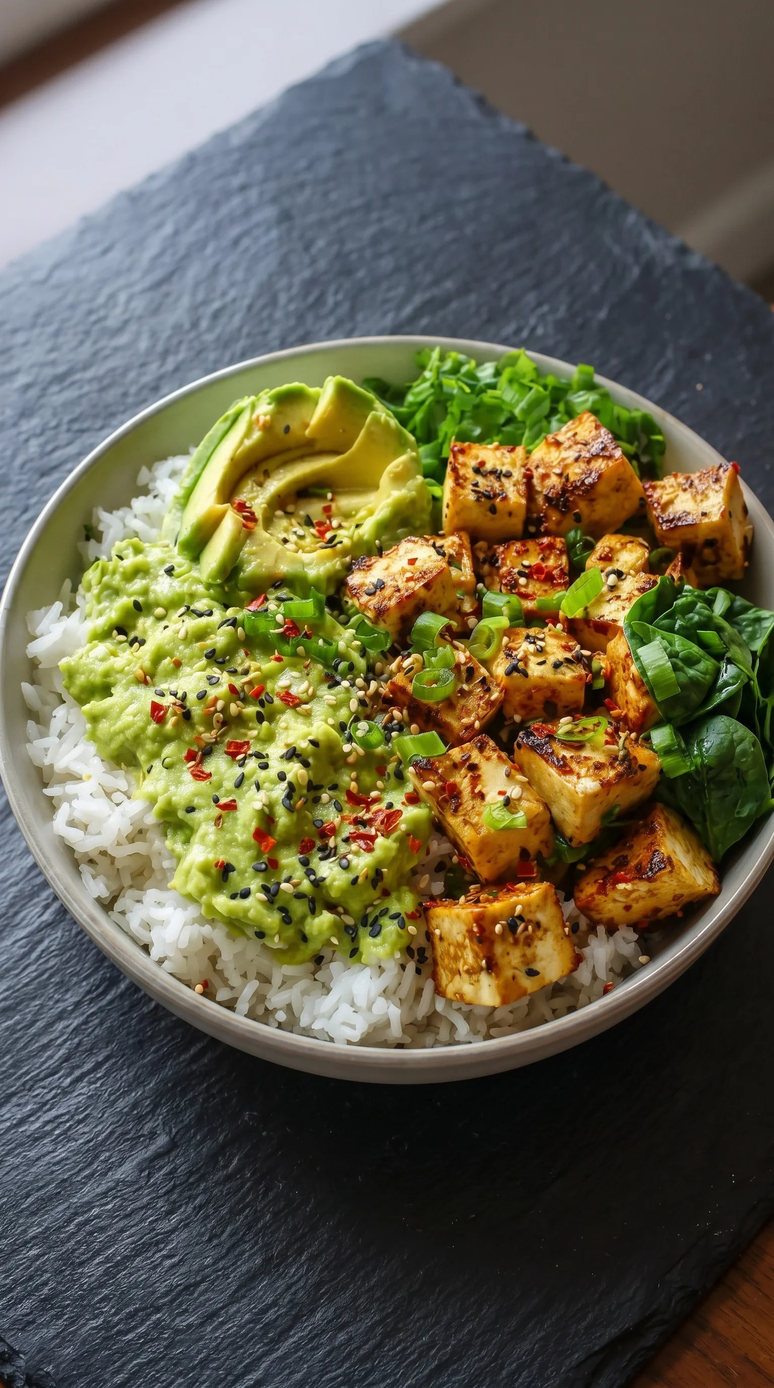 A bowl of cremige avocado tofu rice.