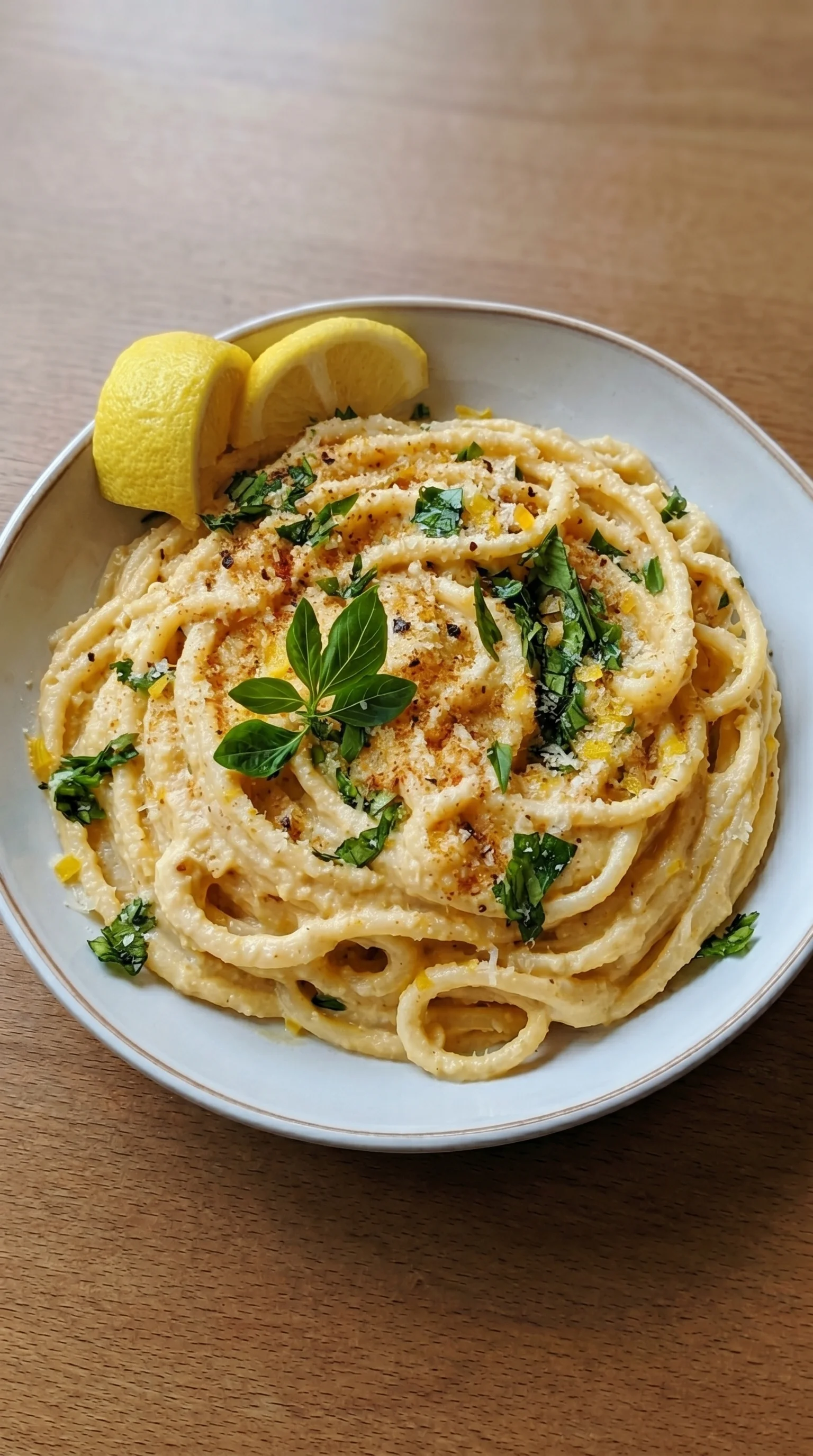 A bowl of pasta with lemon and herbs.