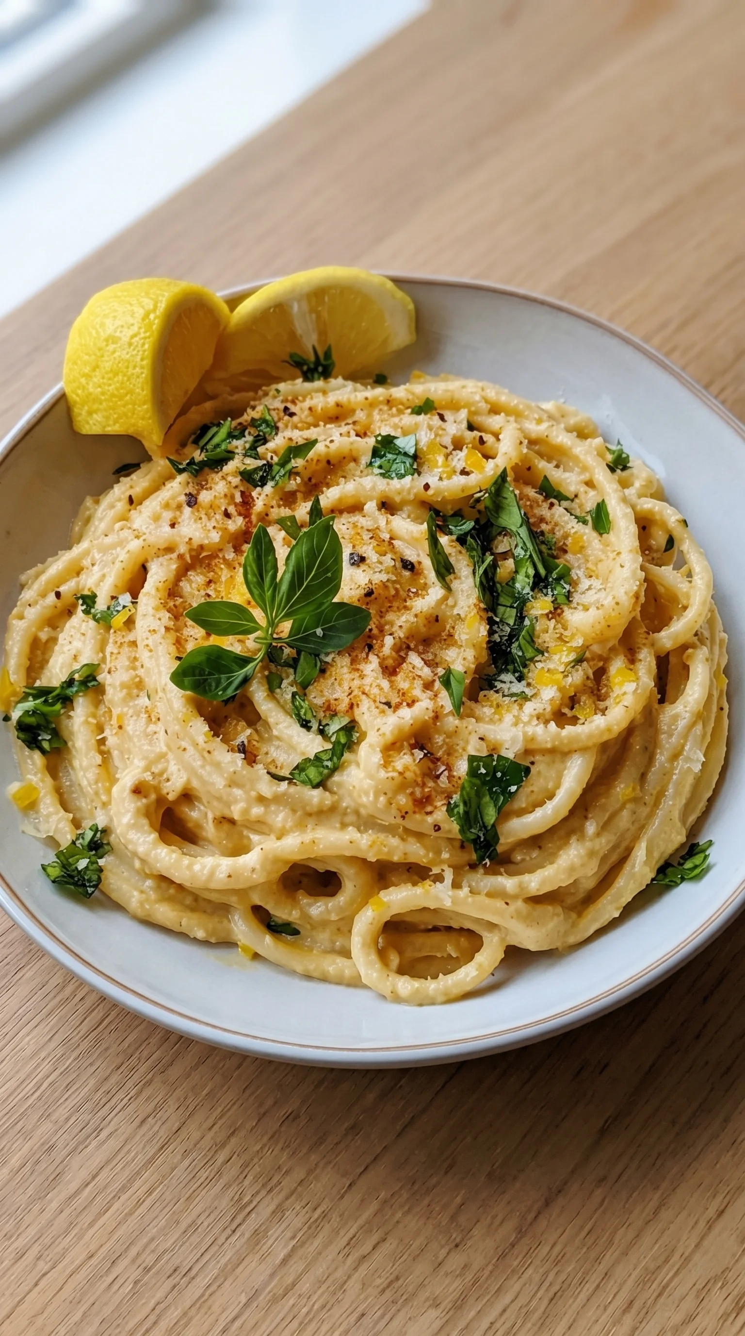 A bowl of pasta with lemon wedges on top.