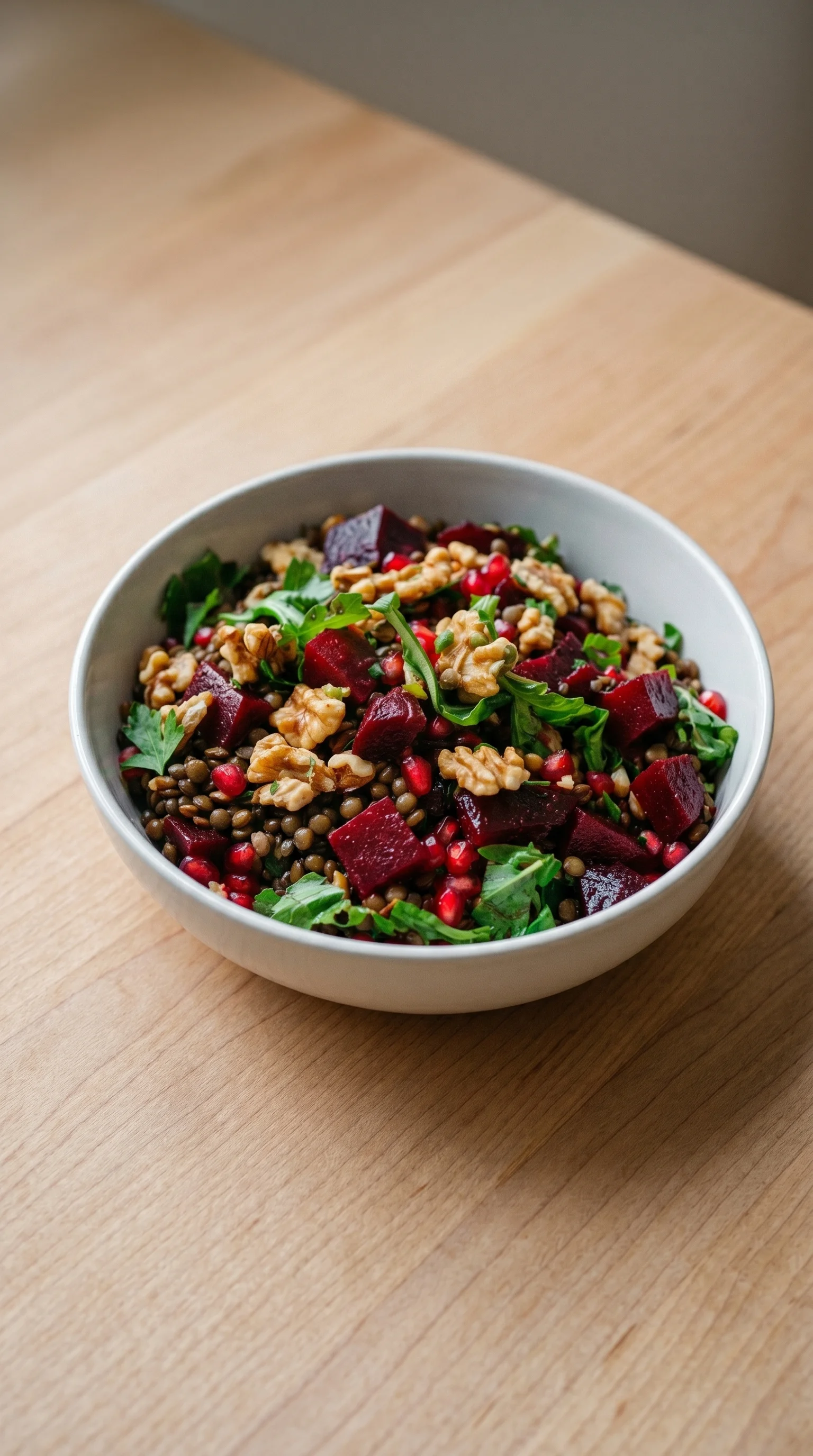 A bowl of food with red beets and walnuts.