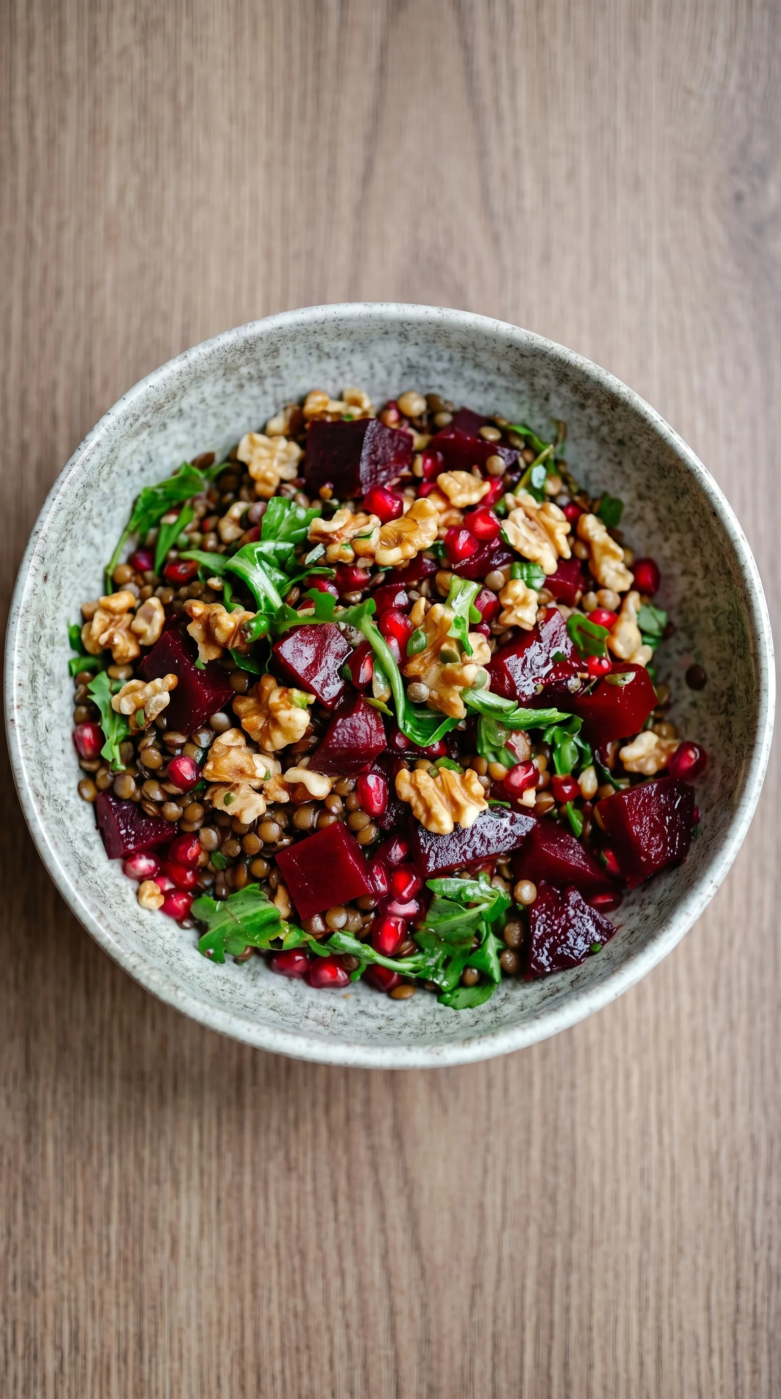 A bowl of red beets with walnuts and greens.