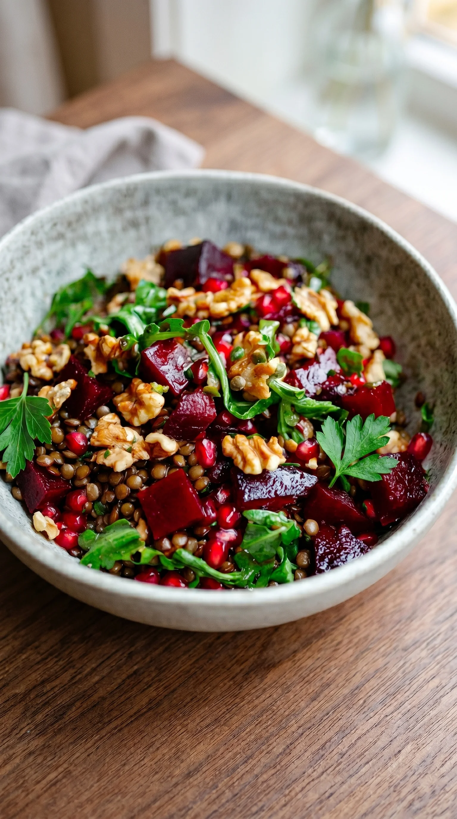 A bowl of rote bete linsen salat.