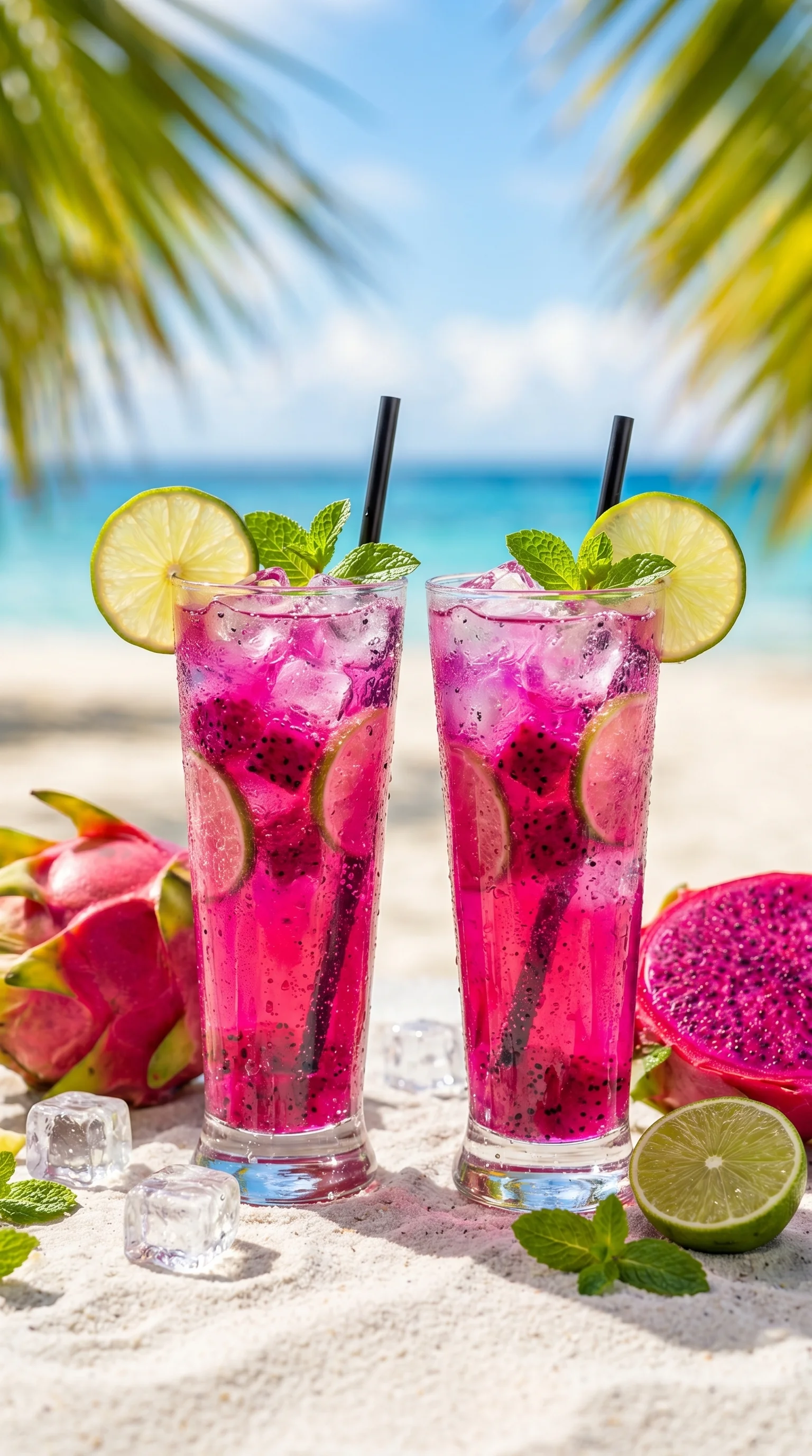 Two glasses of Tito's Vodka Dragon Fruit Paradise Cooler.