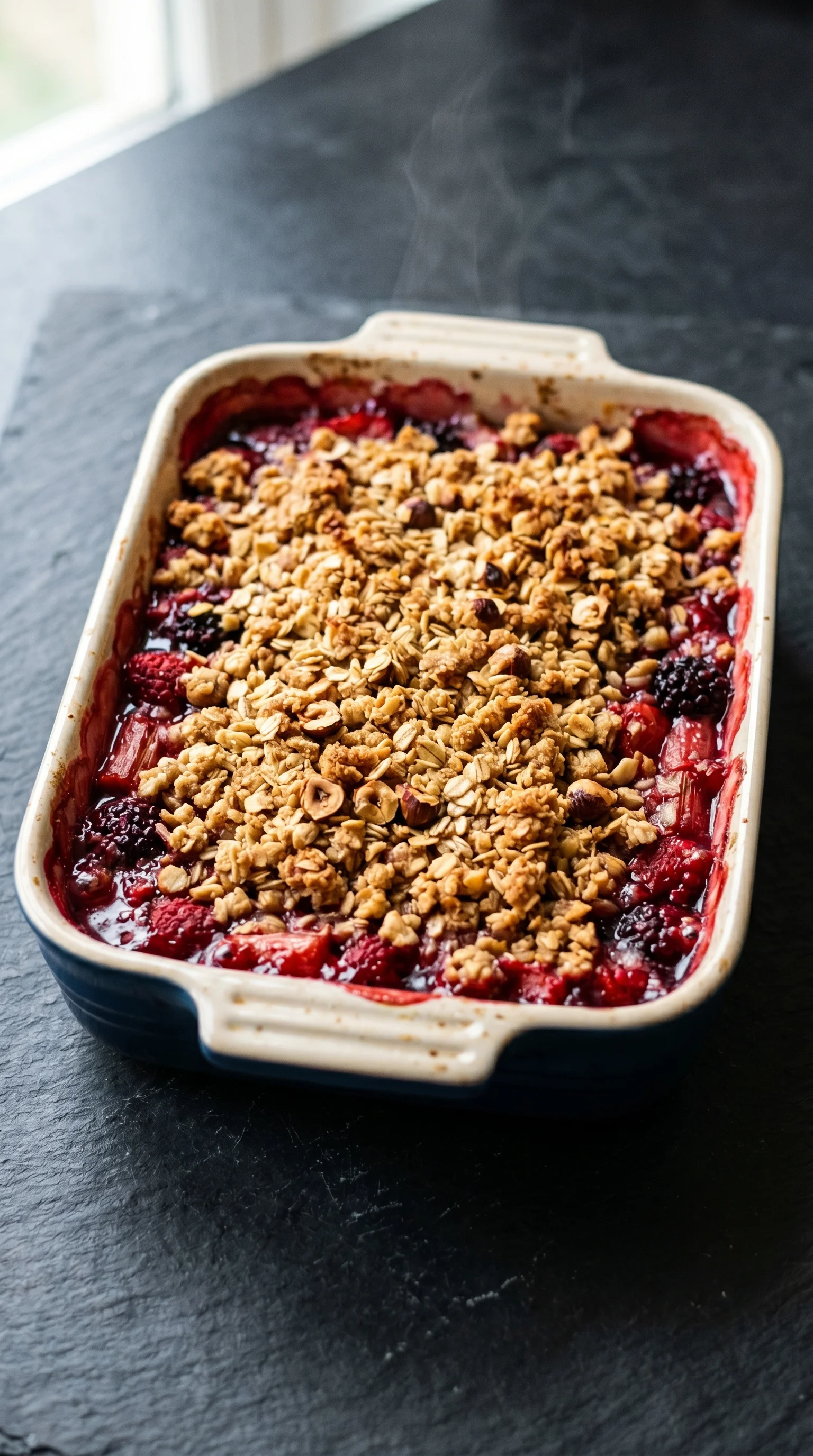A bowl of crumble with berries and nuts.