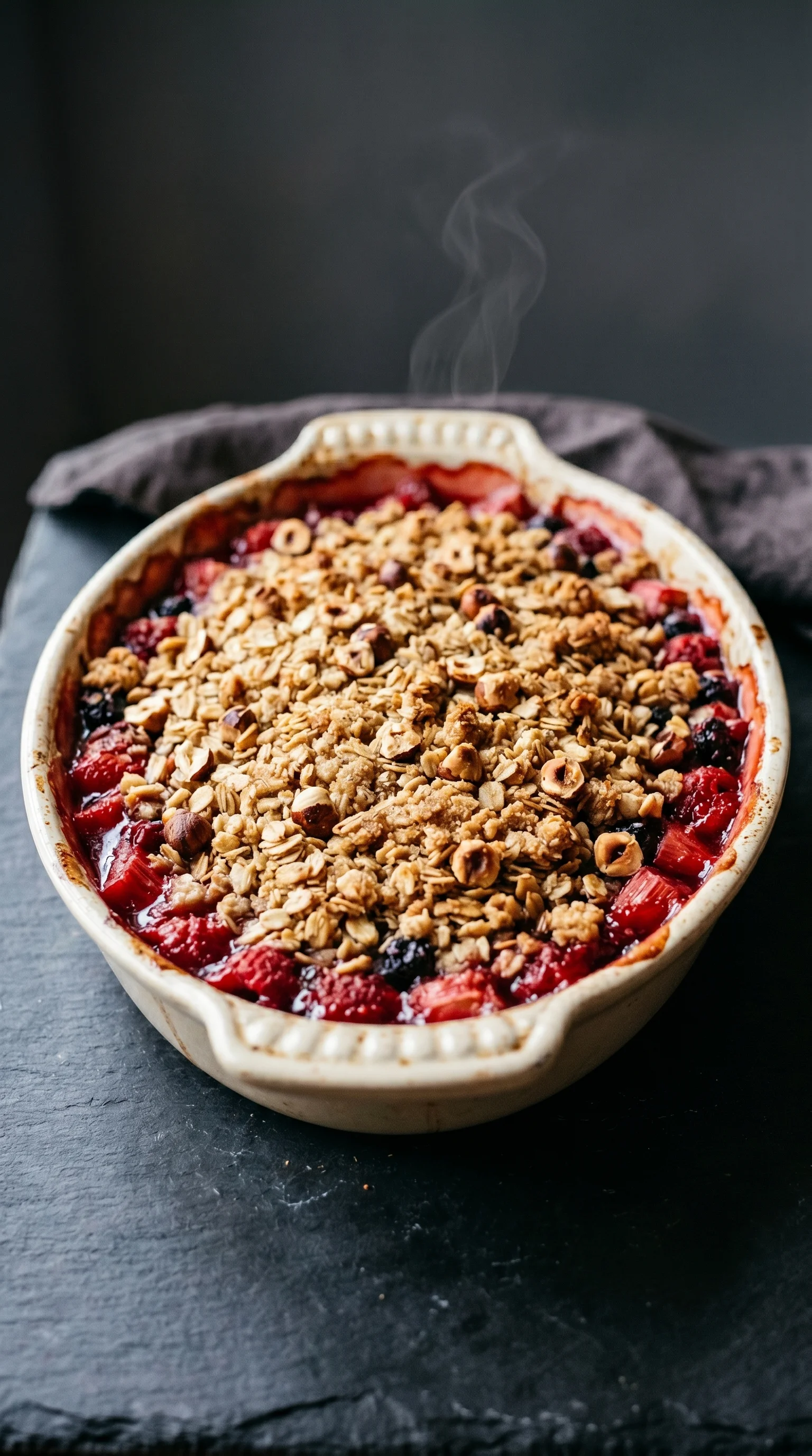 A bowl of fruit crumble with oatmeal toppings.