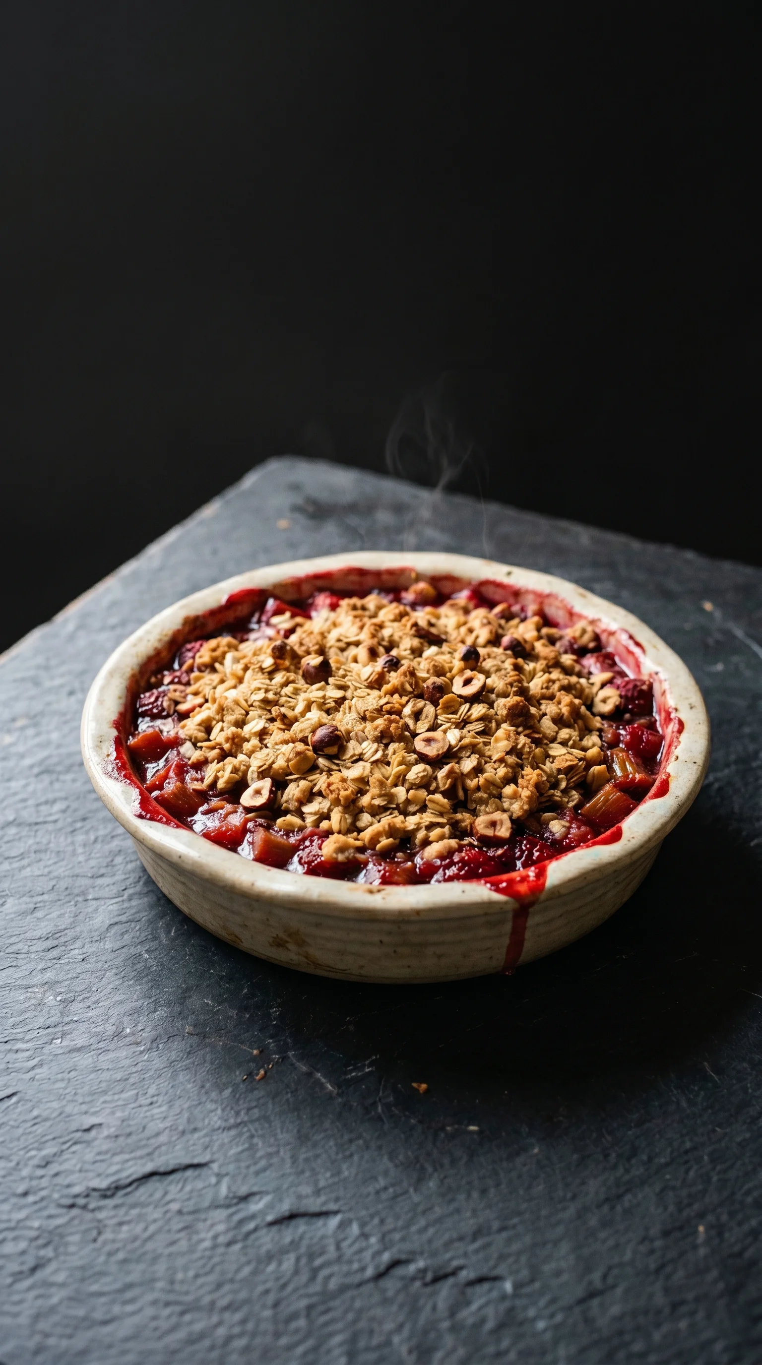 A bowl of crumble with a spoon in it.