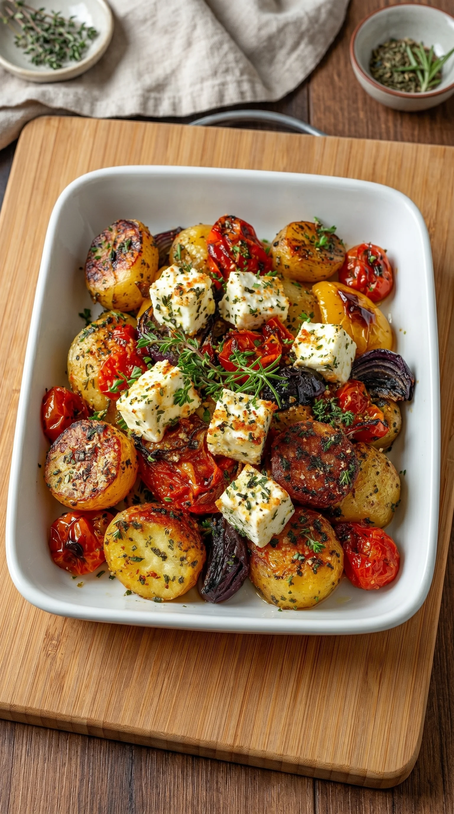 A white bowl filled with feta cheese and potatoes.