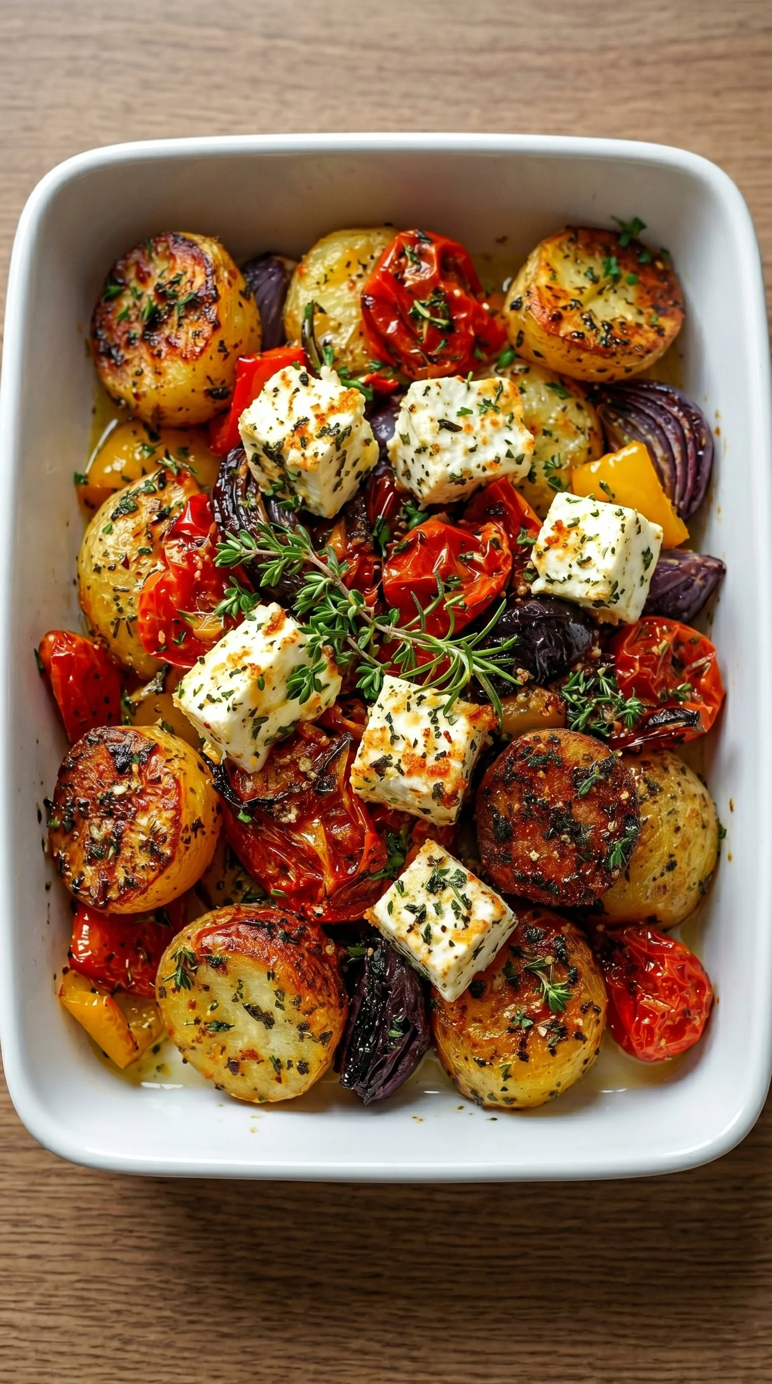 A dish of feta cheese, tomatoes, and potatoes.