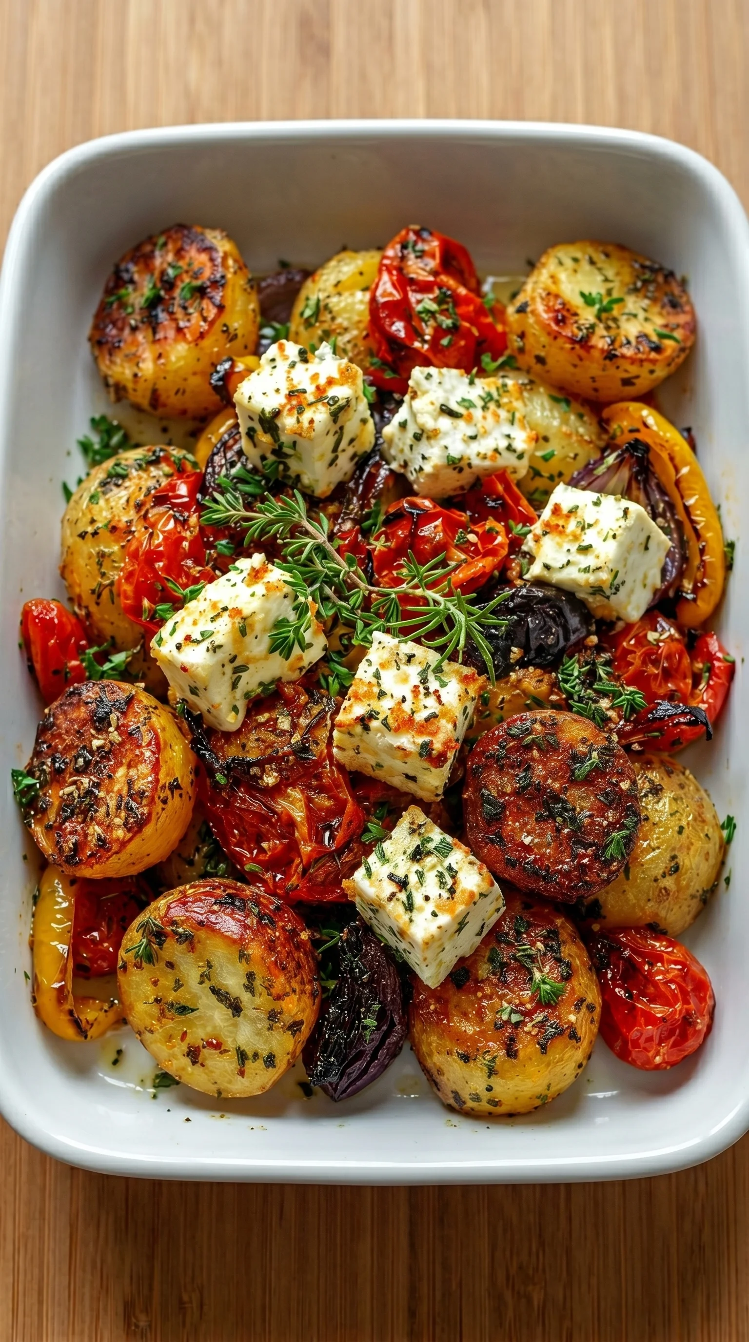 A plate of food with tomatoes, potatoes, and feta cheese.
