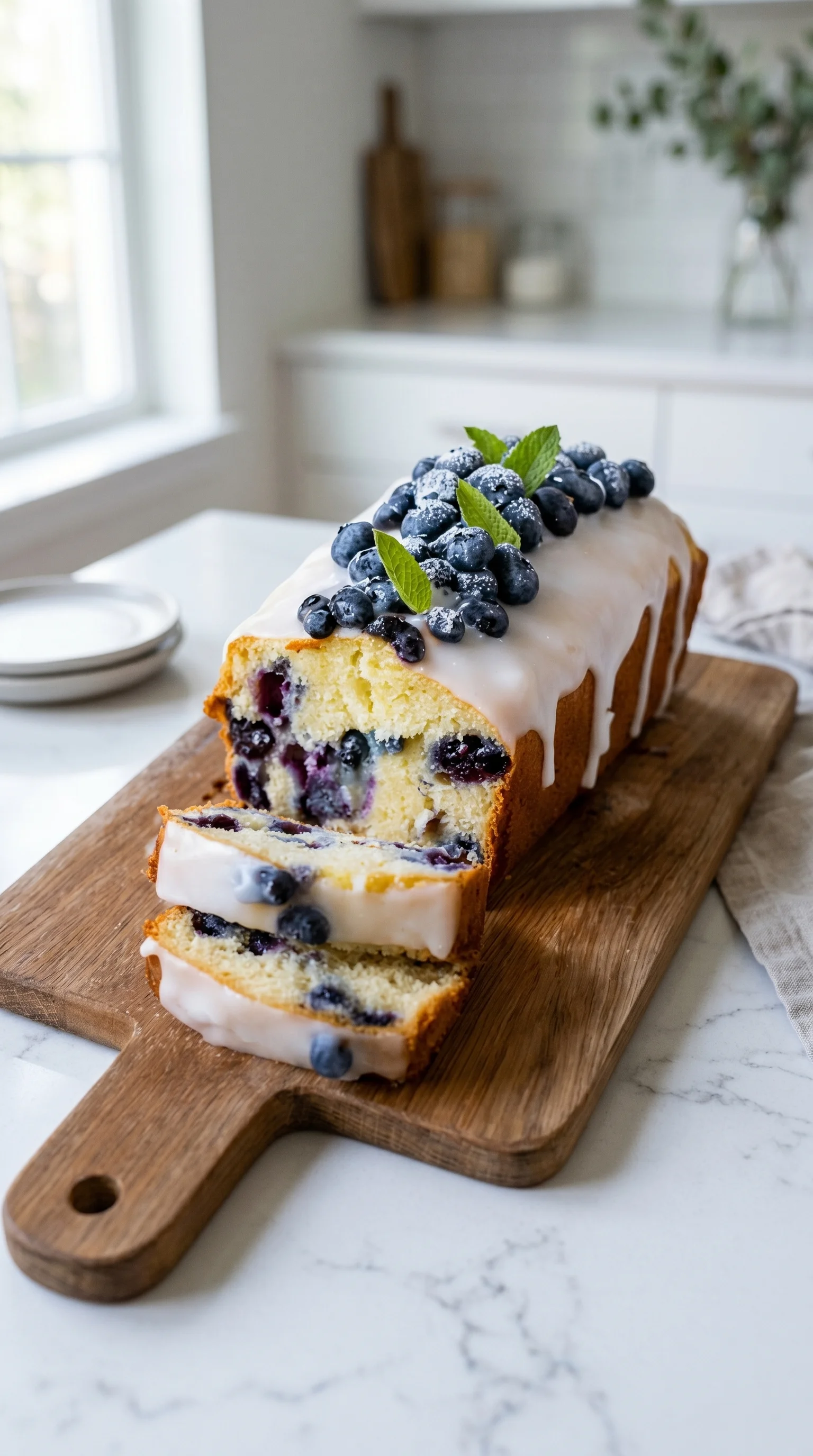 A cake with blueberries and lemon on top.