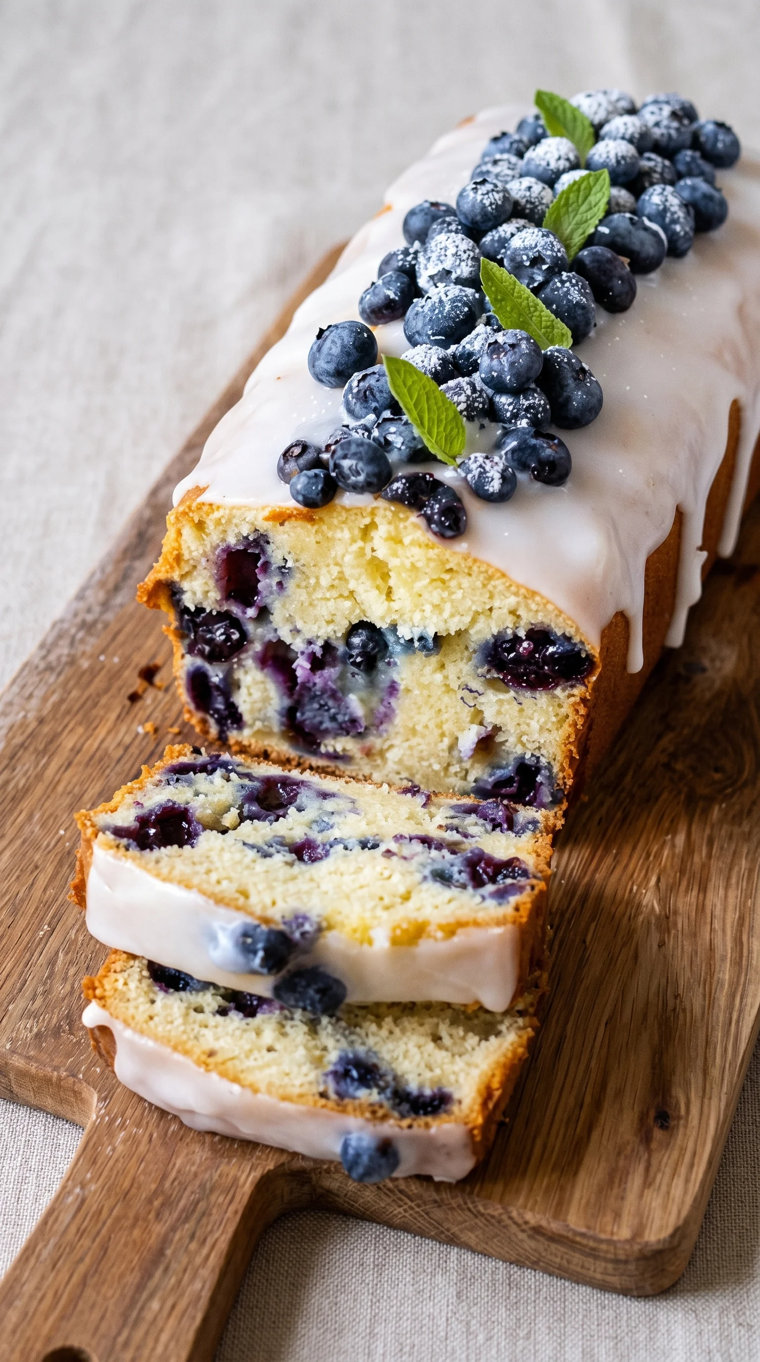 A slice of cake with blueberries and a sprig of mint.