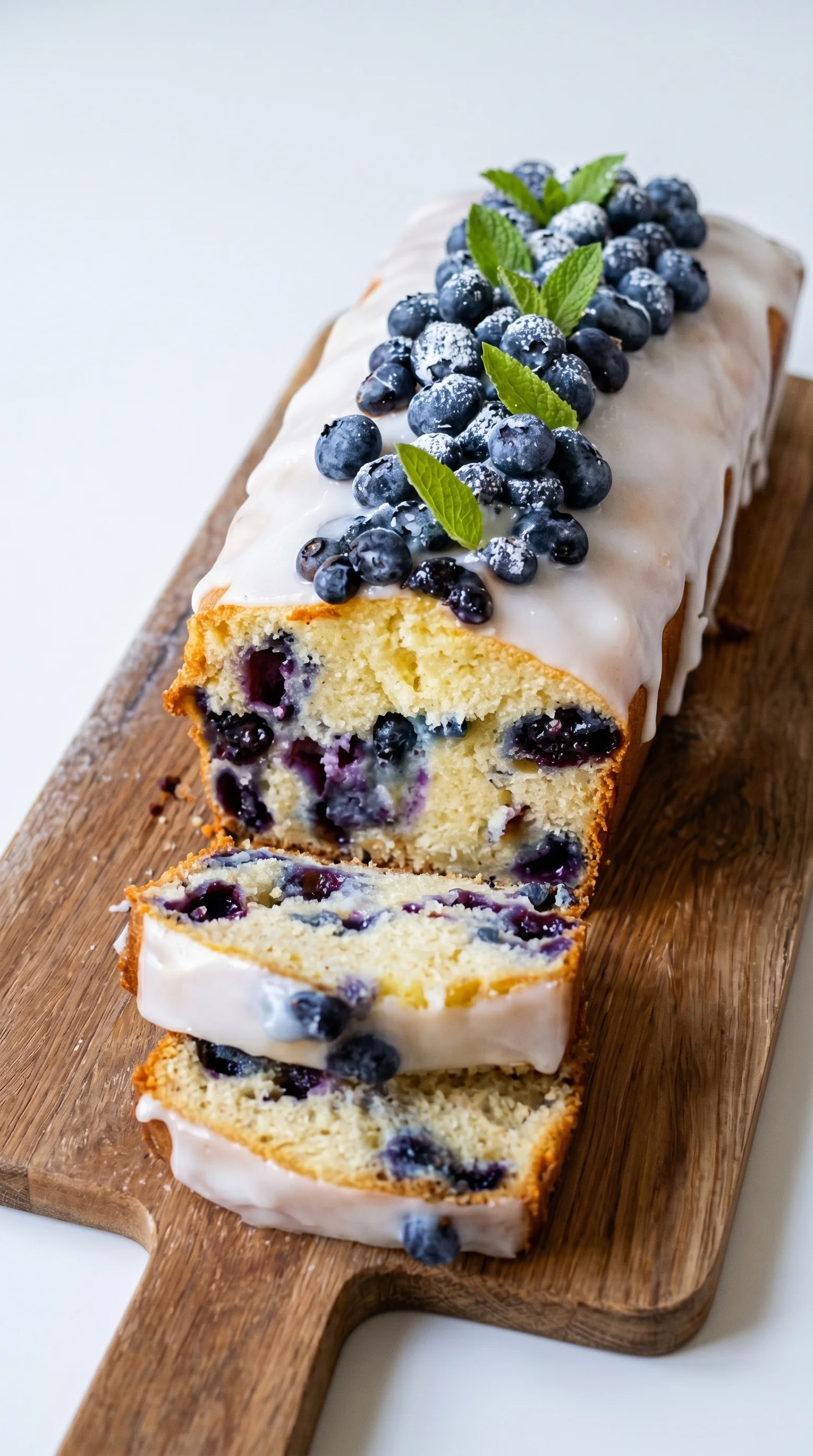 A slice of cake with blueberries and a lemon wedge on top.