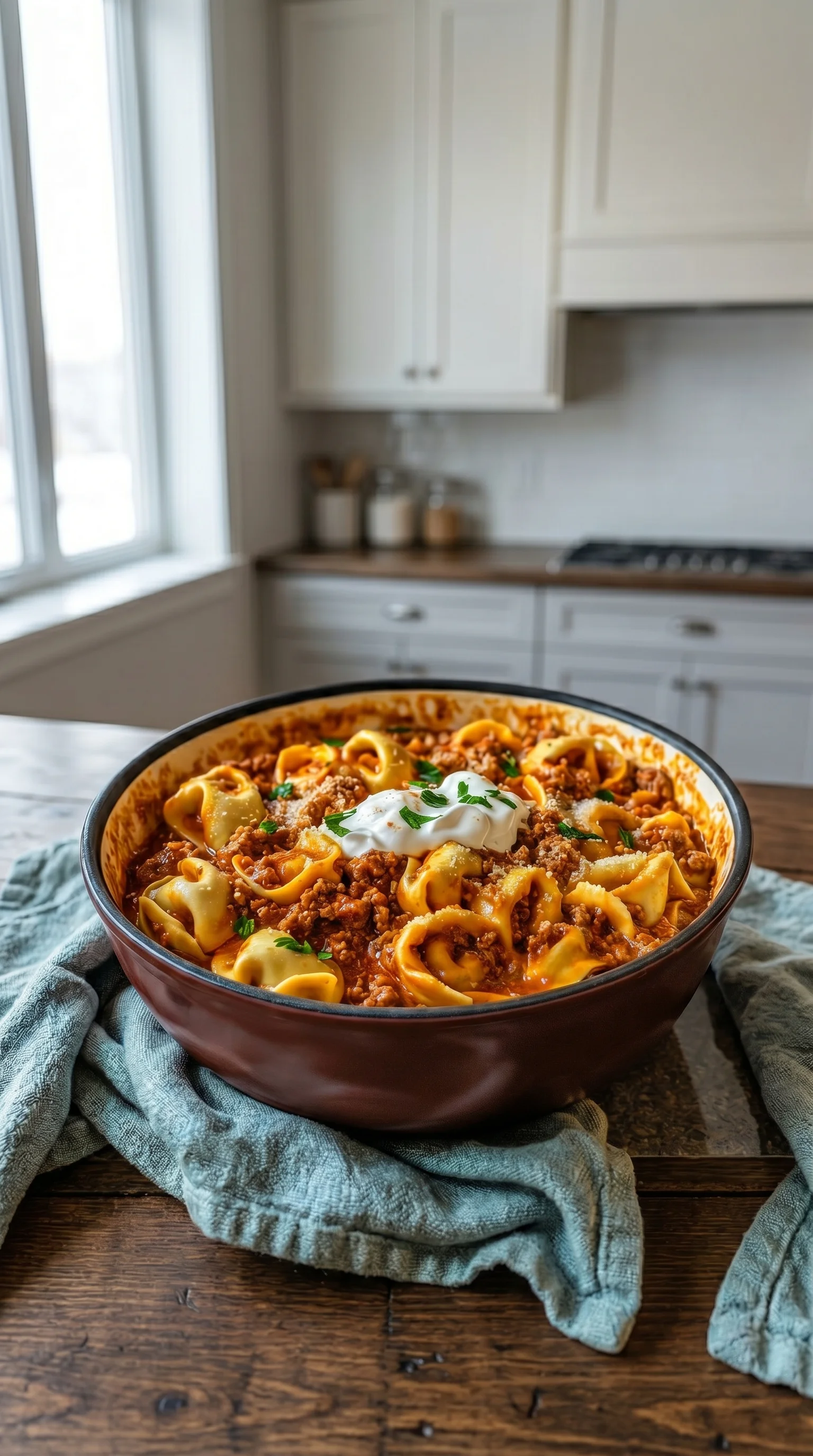 A bowl of pasta with meat sauce.