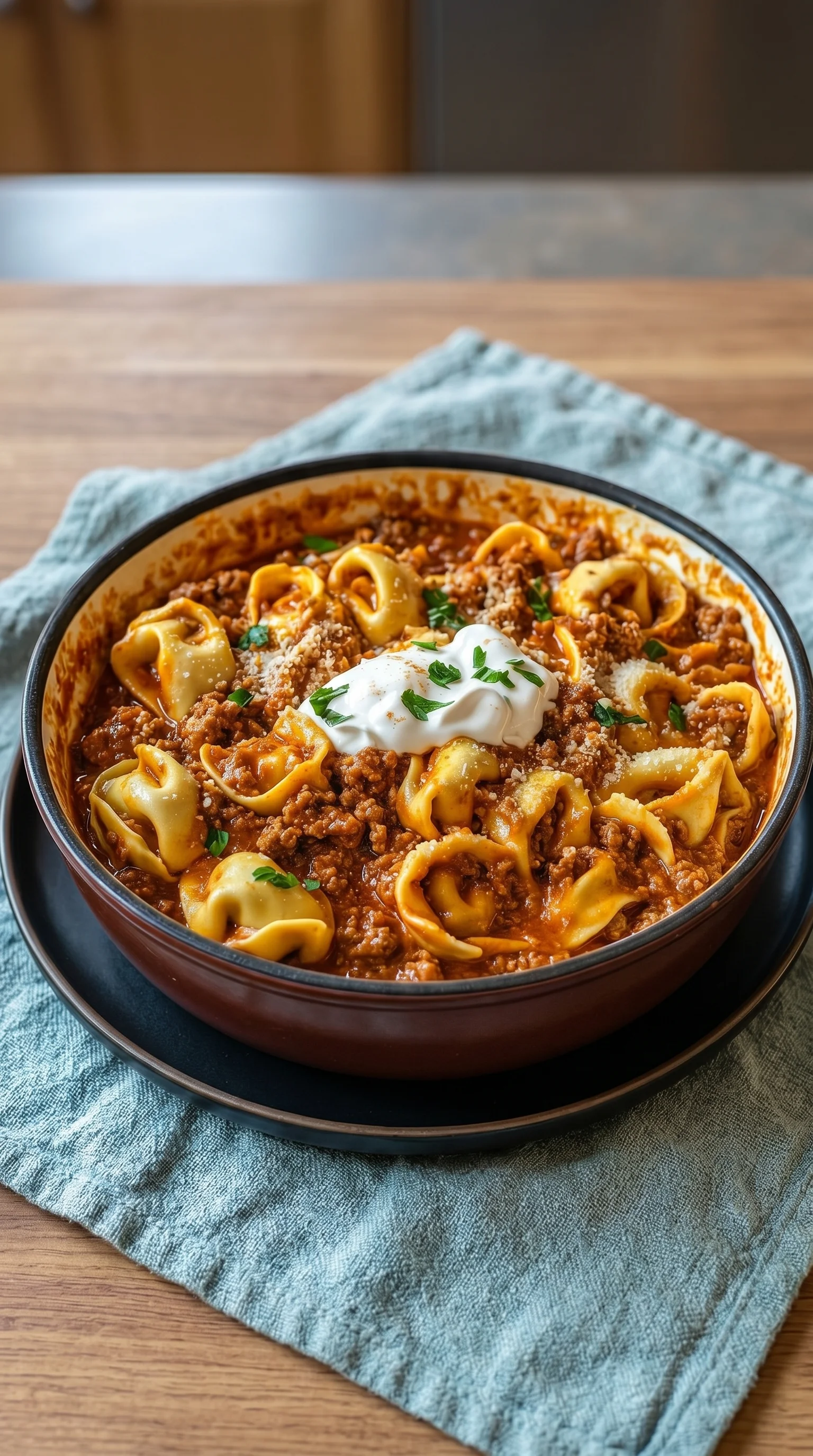 A bowl of pasta with meat sauce.