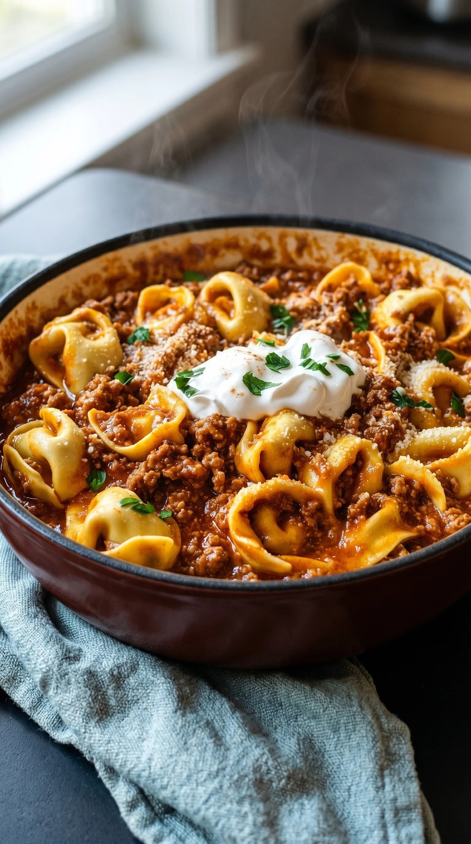 A bowl of pasta with meat sauce.