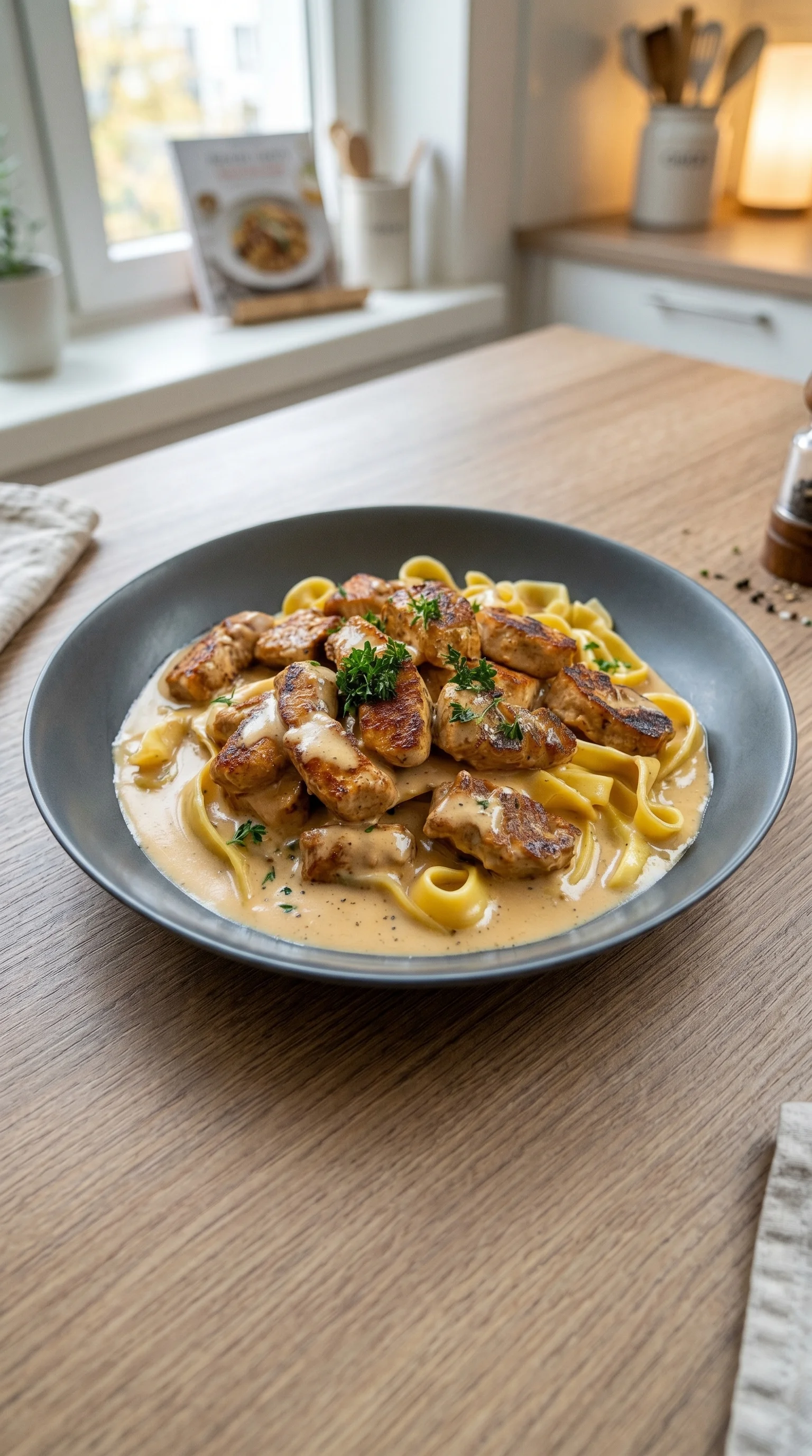 A plate of food with chicken and noodles.