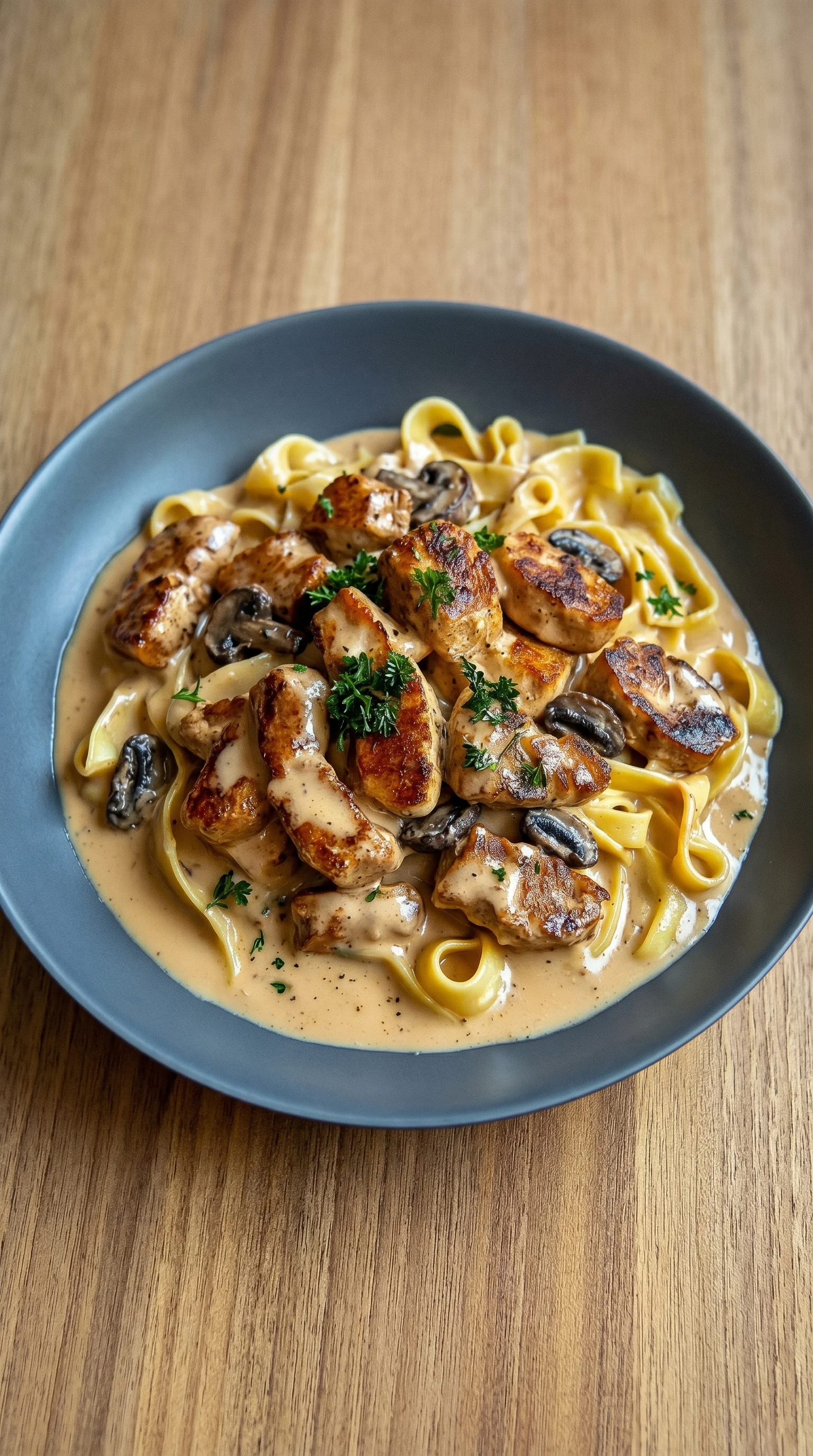A plate of cremiges hühnchen stroganoff.