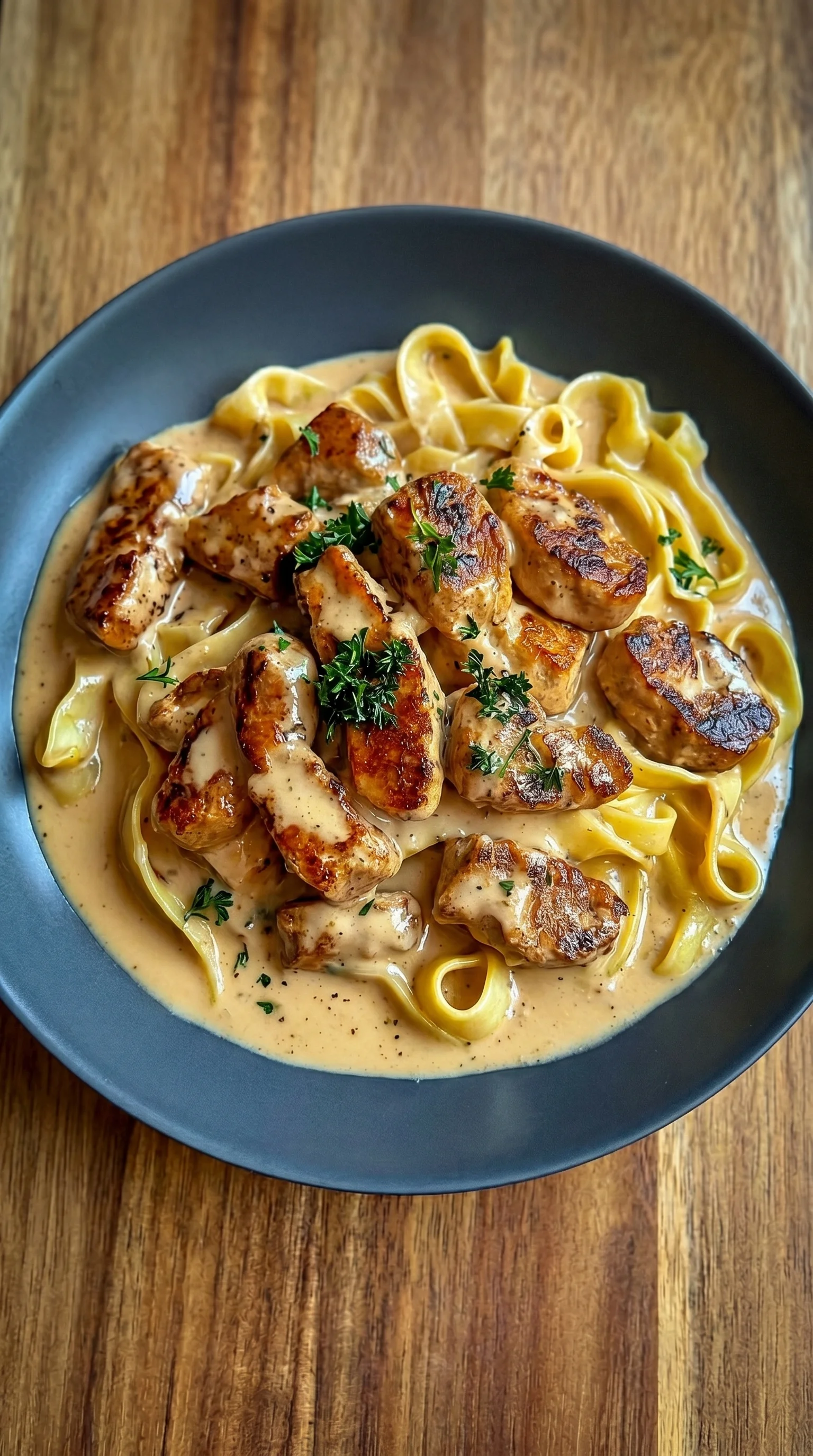 A plate of chicken cream sauce.