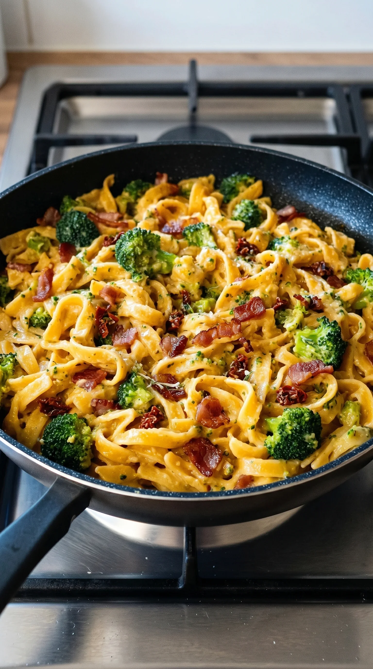 A pan of creamy pasta with broccoli and bacon.