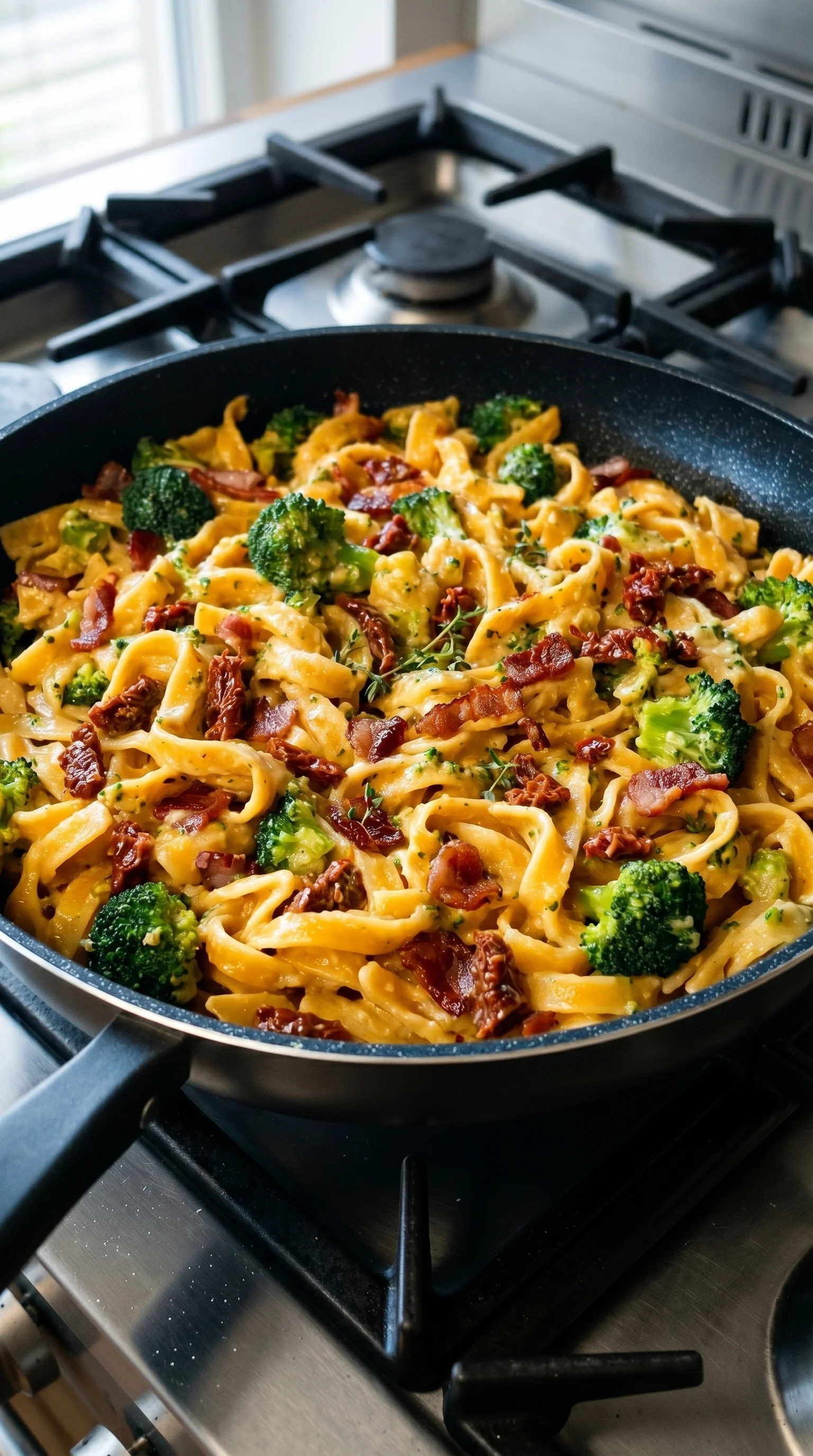 A dish of pasta with broccoli and bacon.