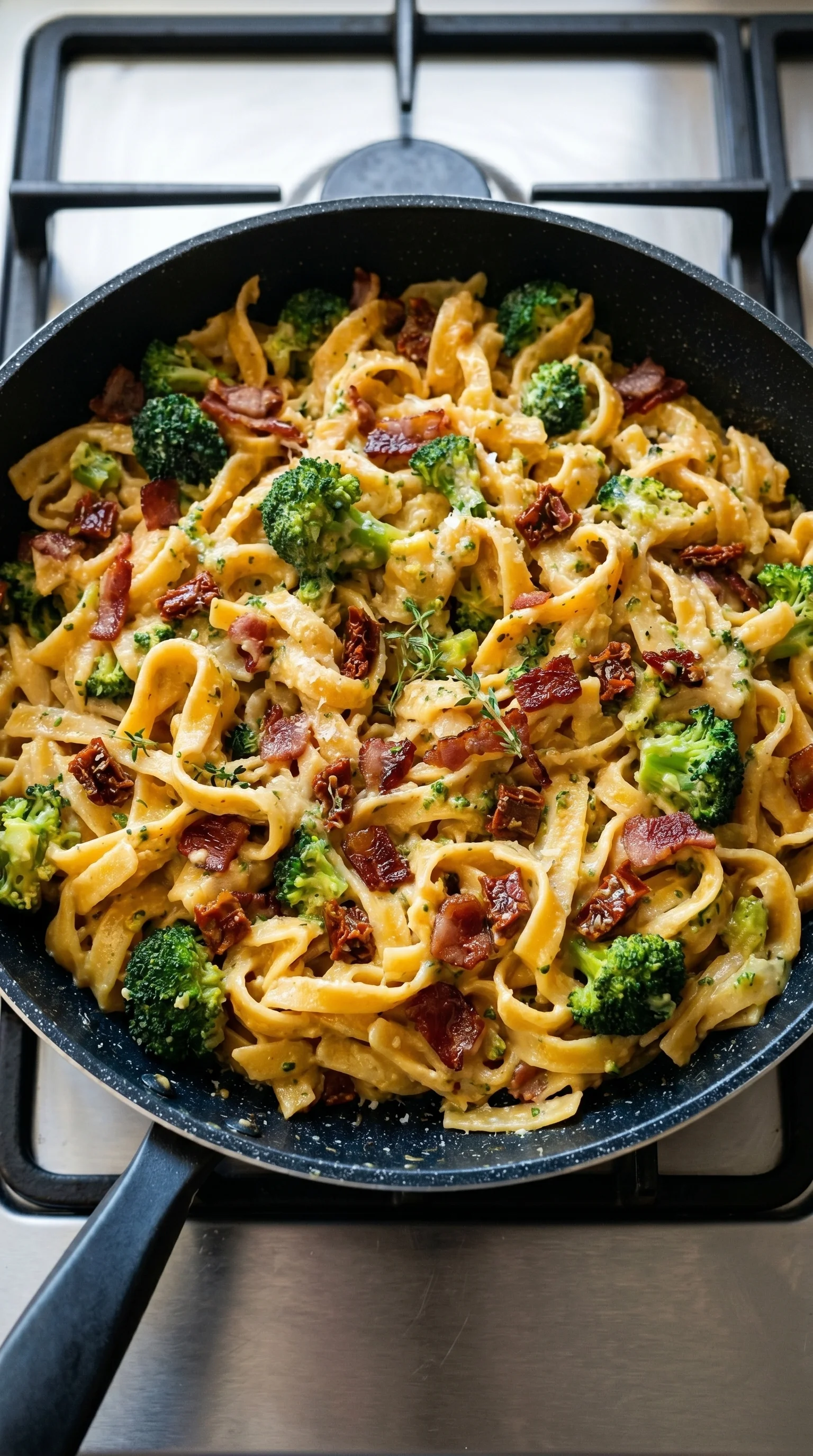 A bowl of creamy pasta with broccoli and bacon.