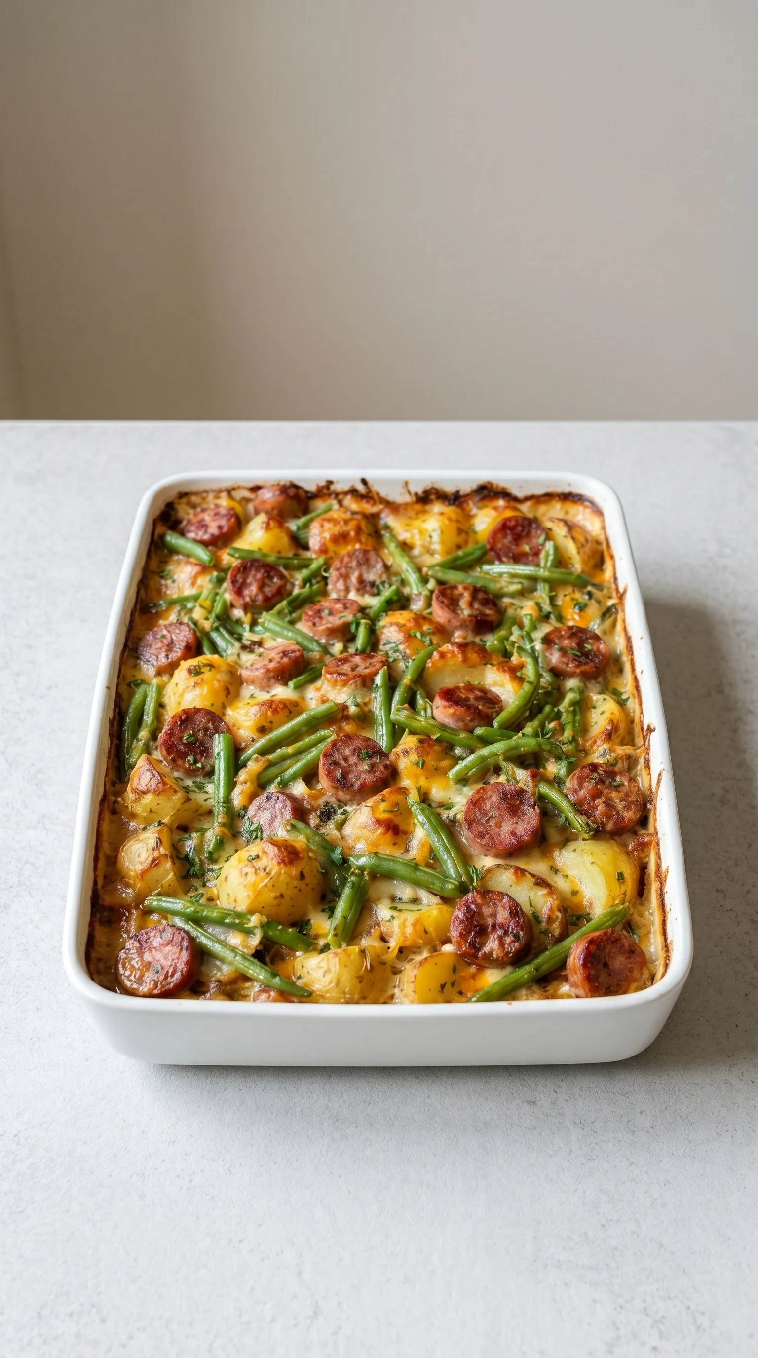 A white dish with a green vegetable and sausage.