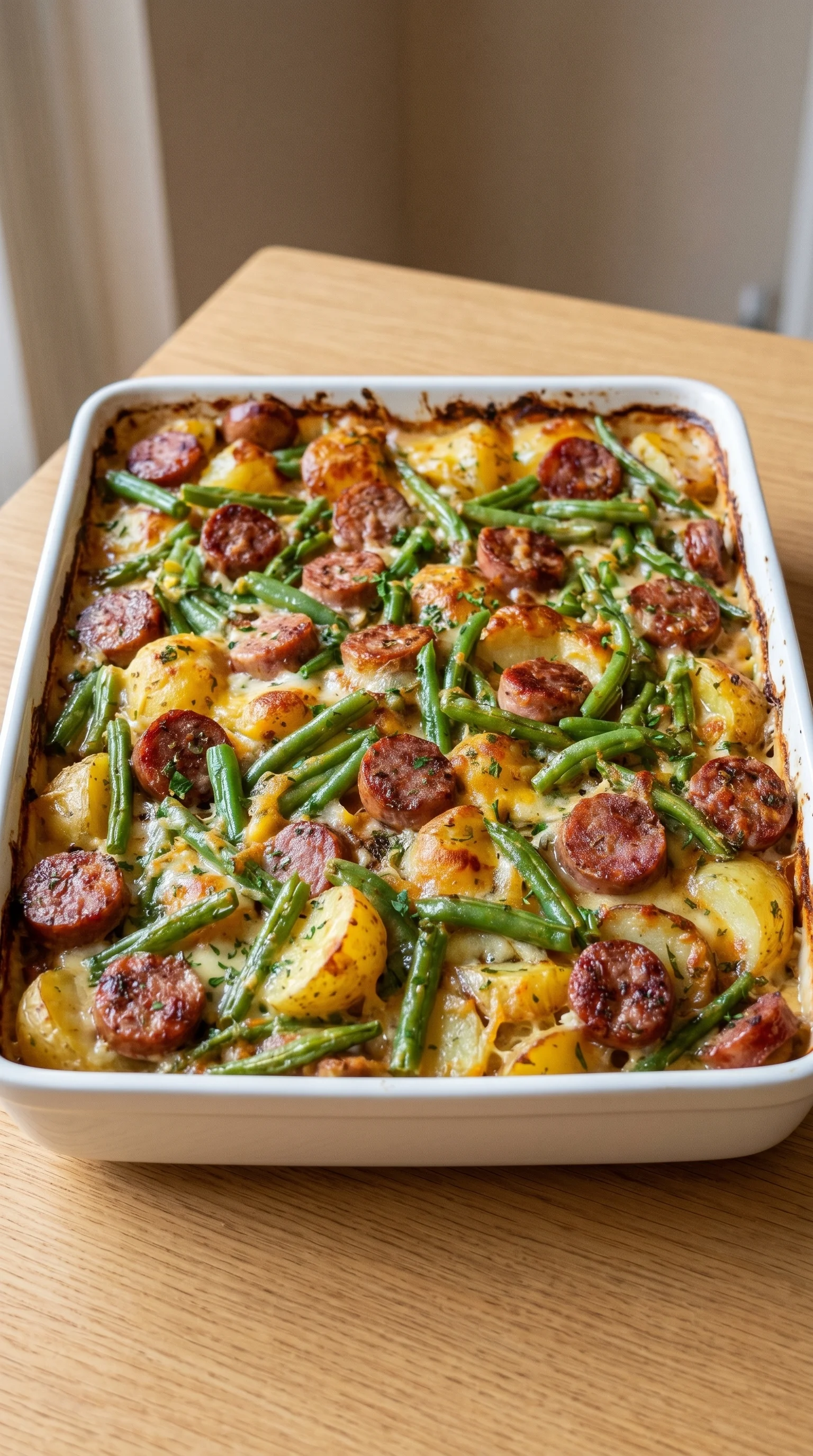 A dish of sausage, potatoes and green beans.