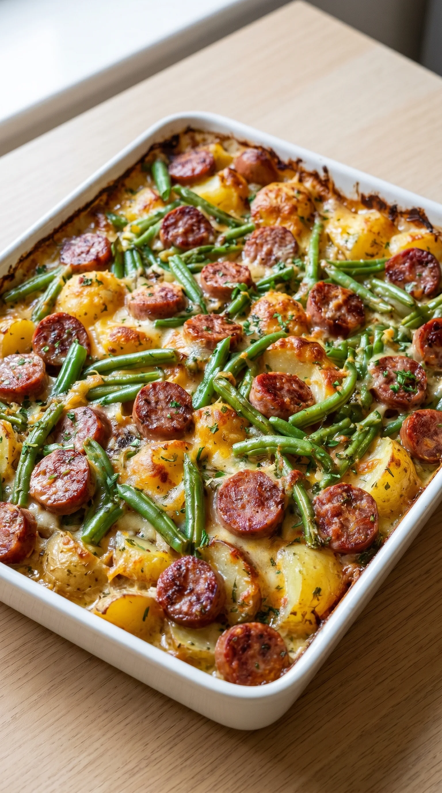 A dish of sausage, potatoes and green beans.