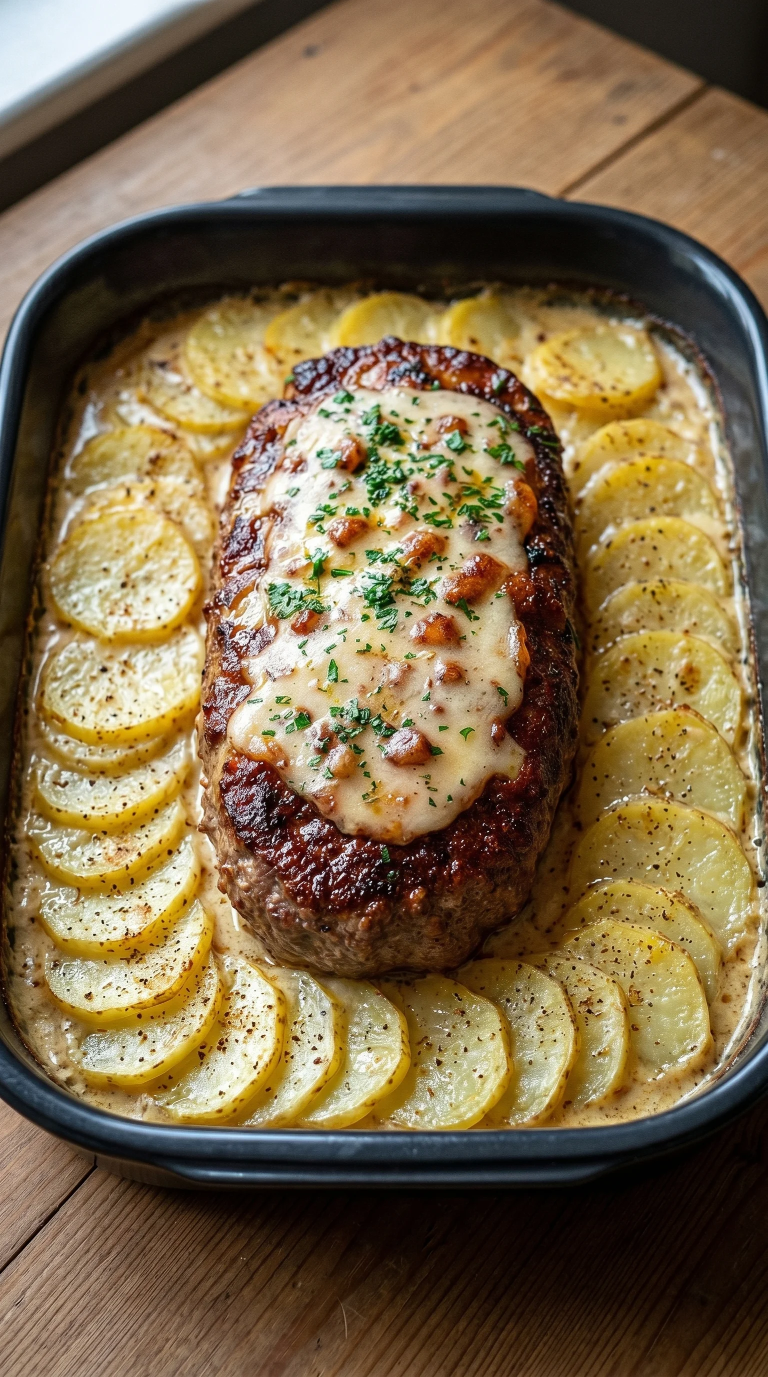 A delicious roast with potatoes in a creamy sauce.