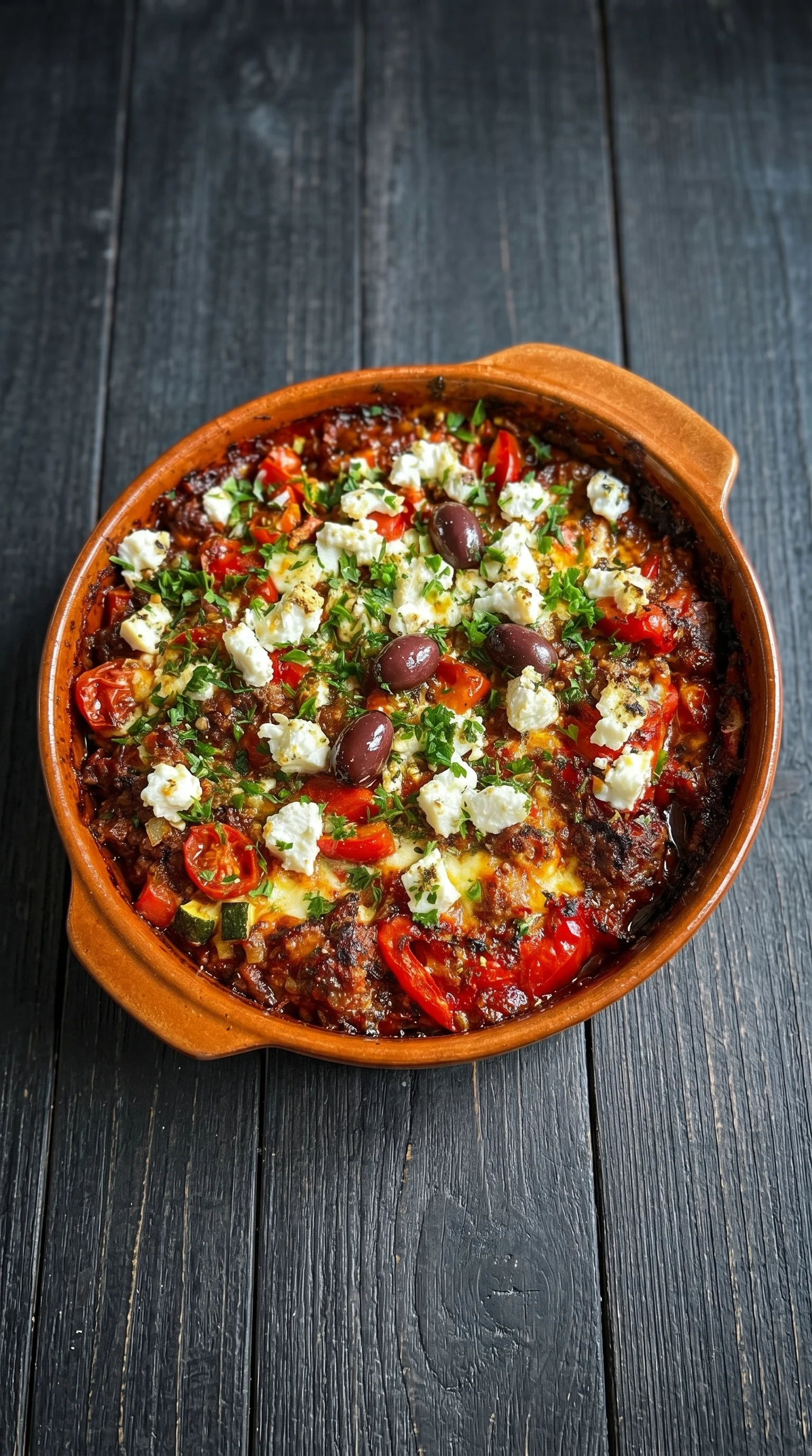 A bowl of food with olives and tomatoes.