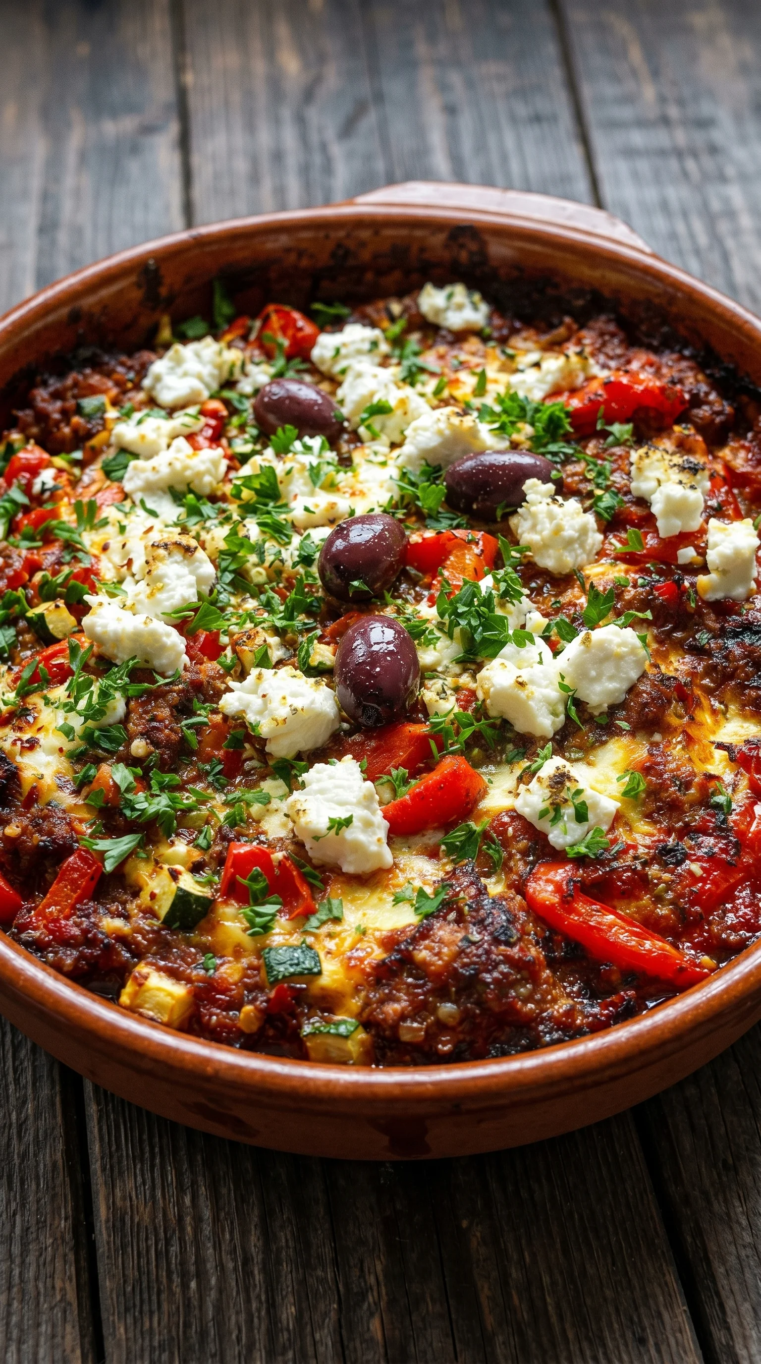 A dish with olives, tomatoes, and feta cheese.