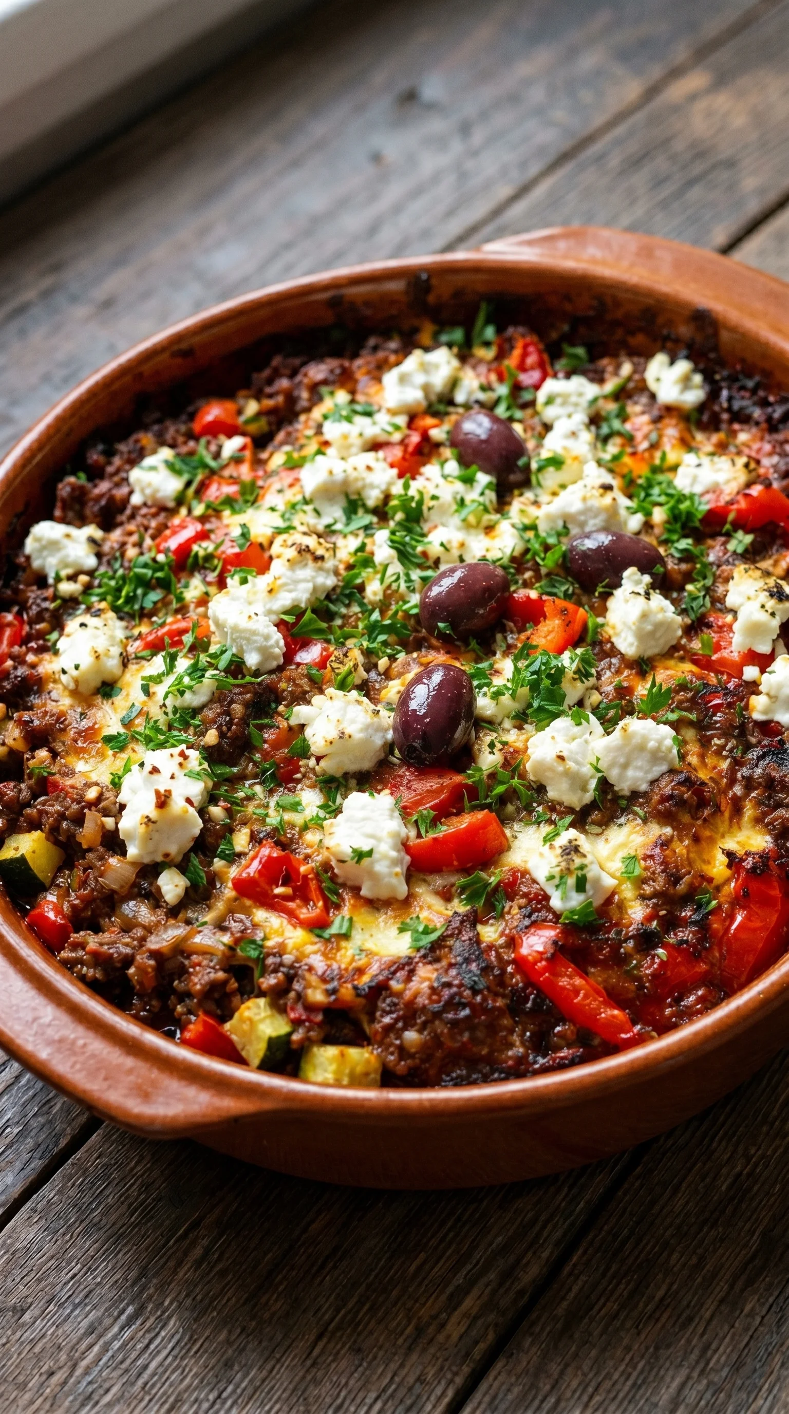 A dish of food with olives and tomatoes.
