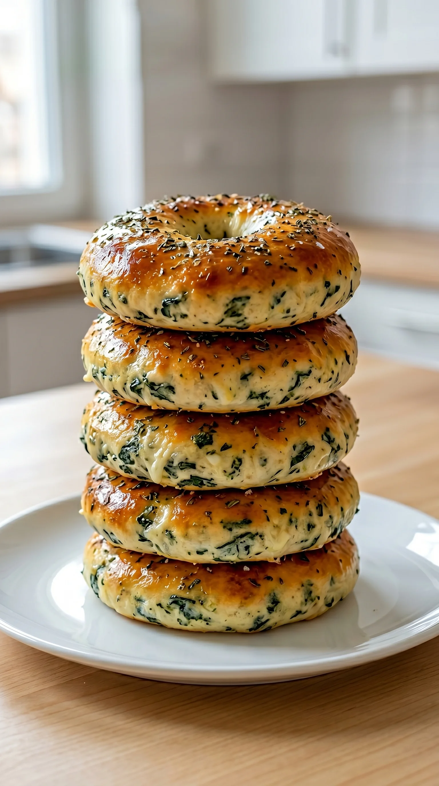 A stack of spinach bagels.