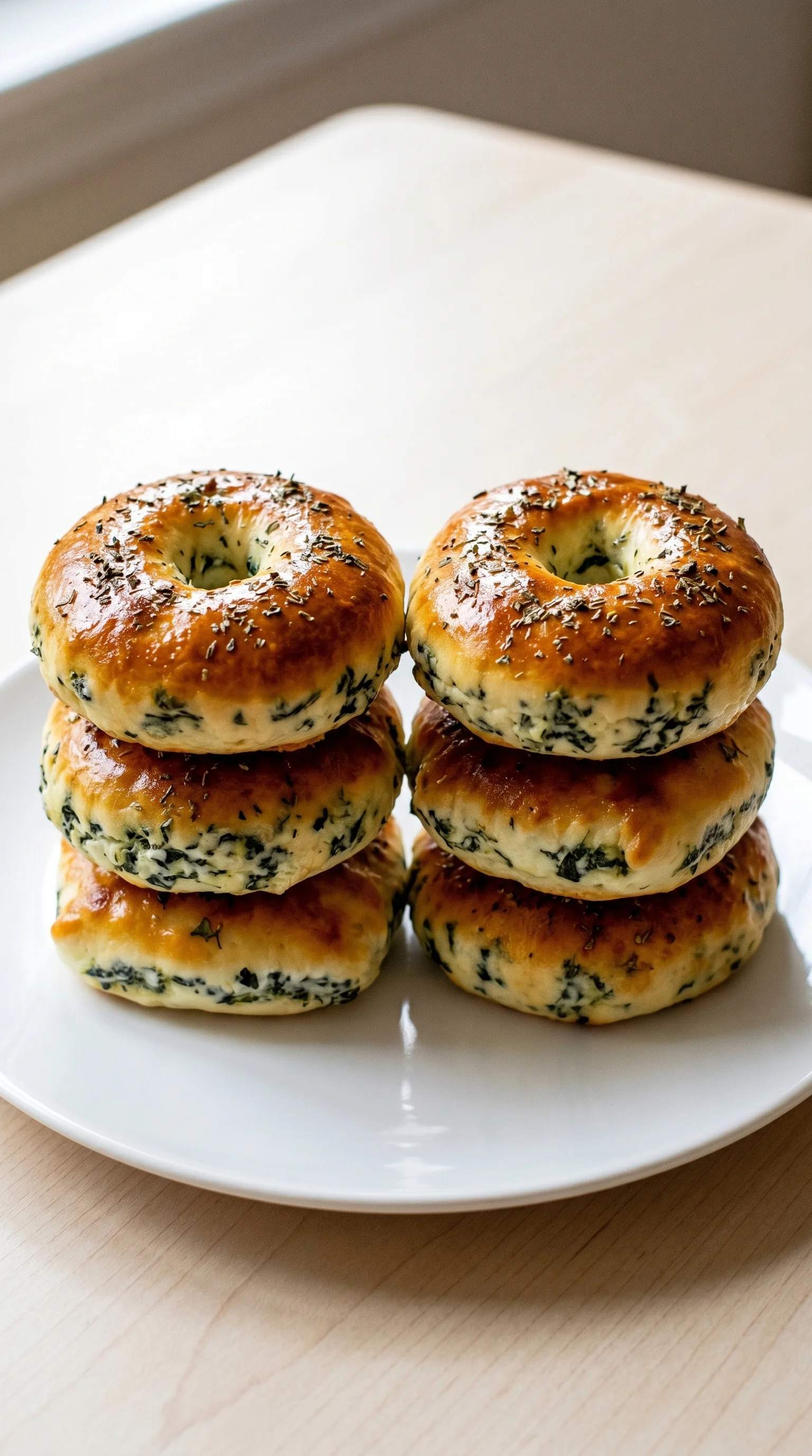 Two stacks of spinach and cheese bagels.