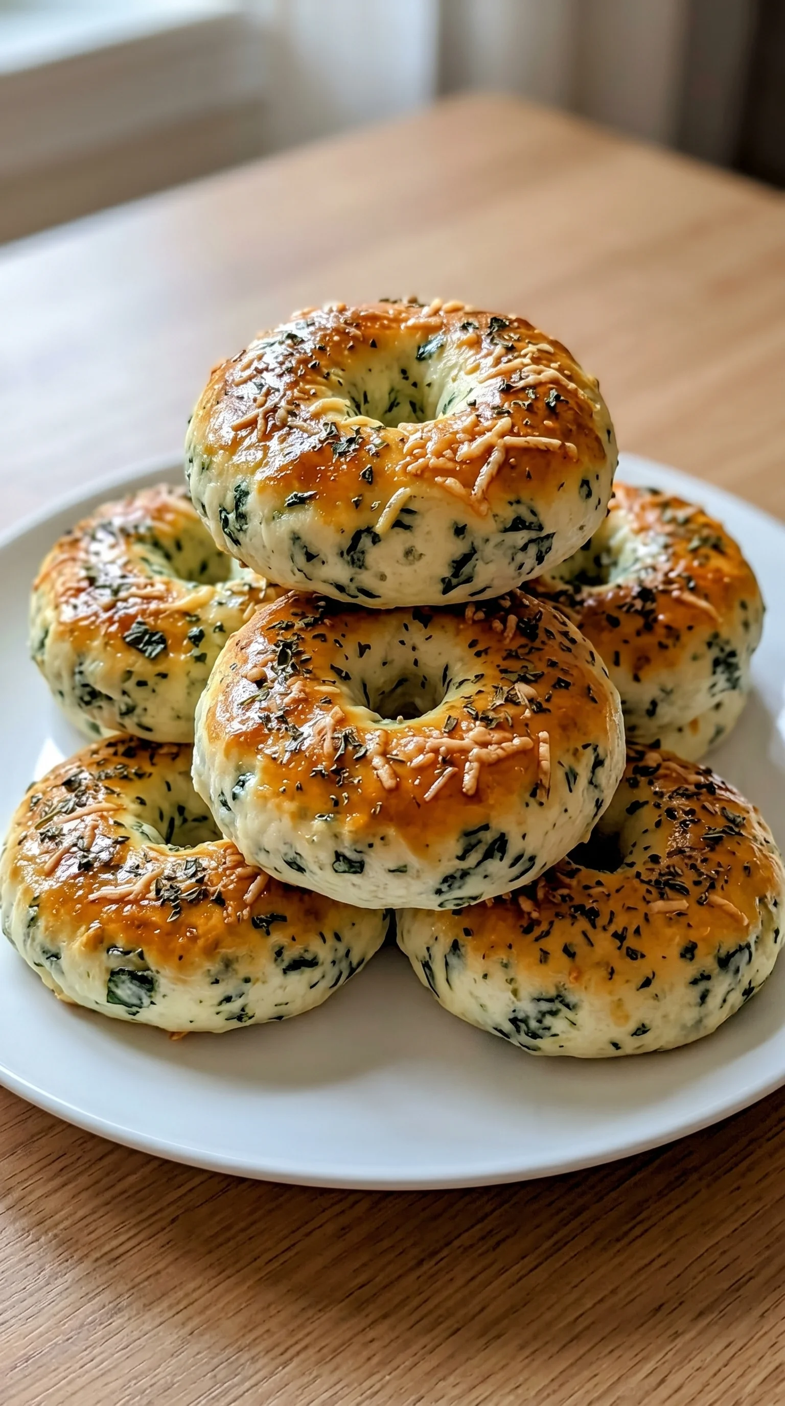 A stack of spinach and cheese bagels.