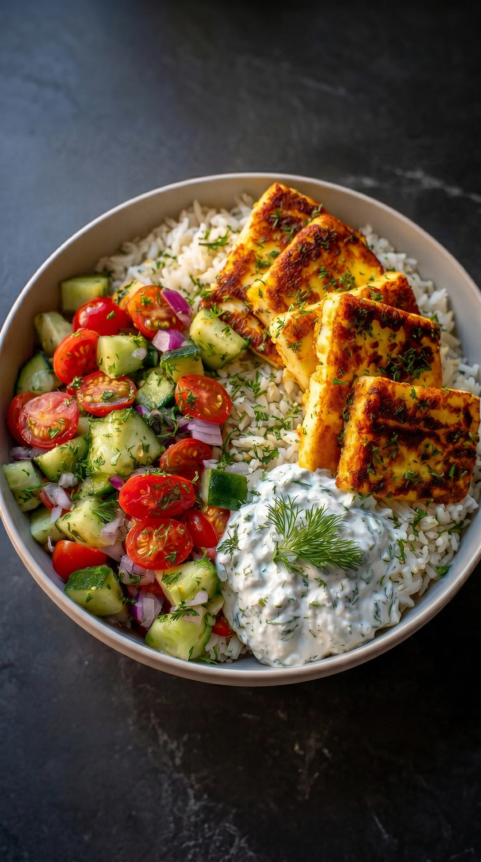 A bowl of food with rice, tomatoes, and cucumbers.