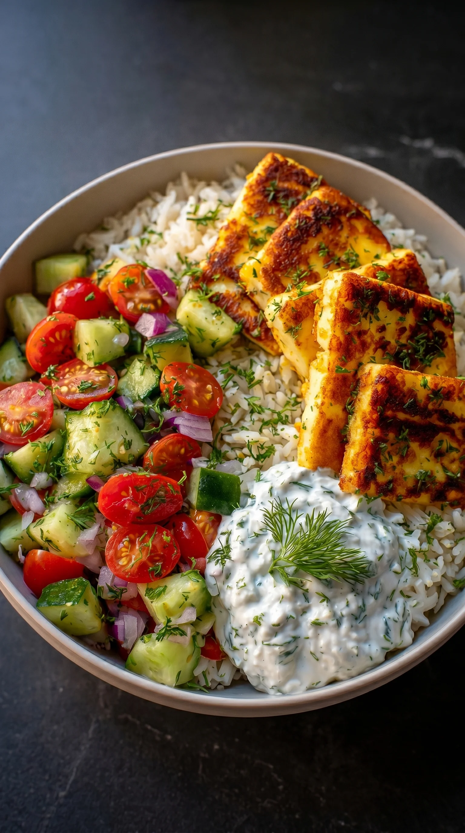 A bowl of food with rice, tomatoes, cucumbers, and halloumi.