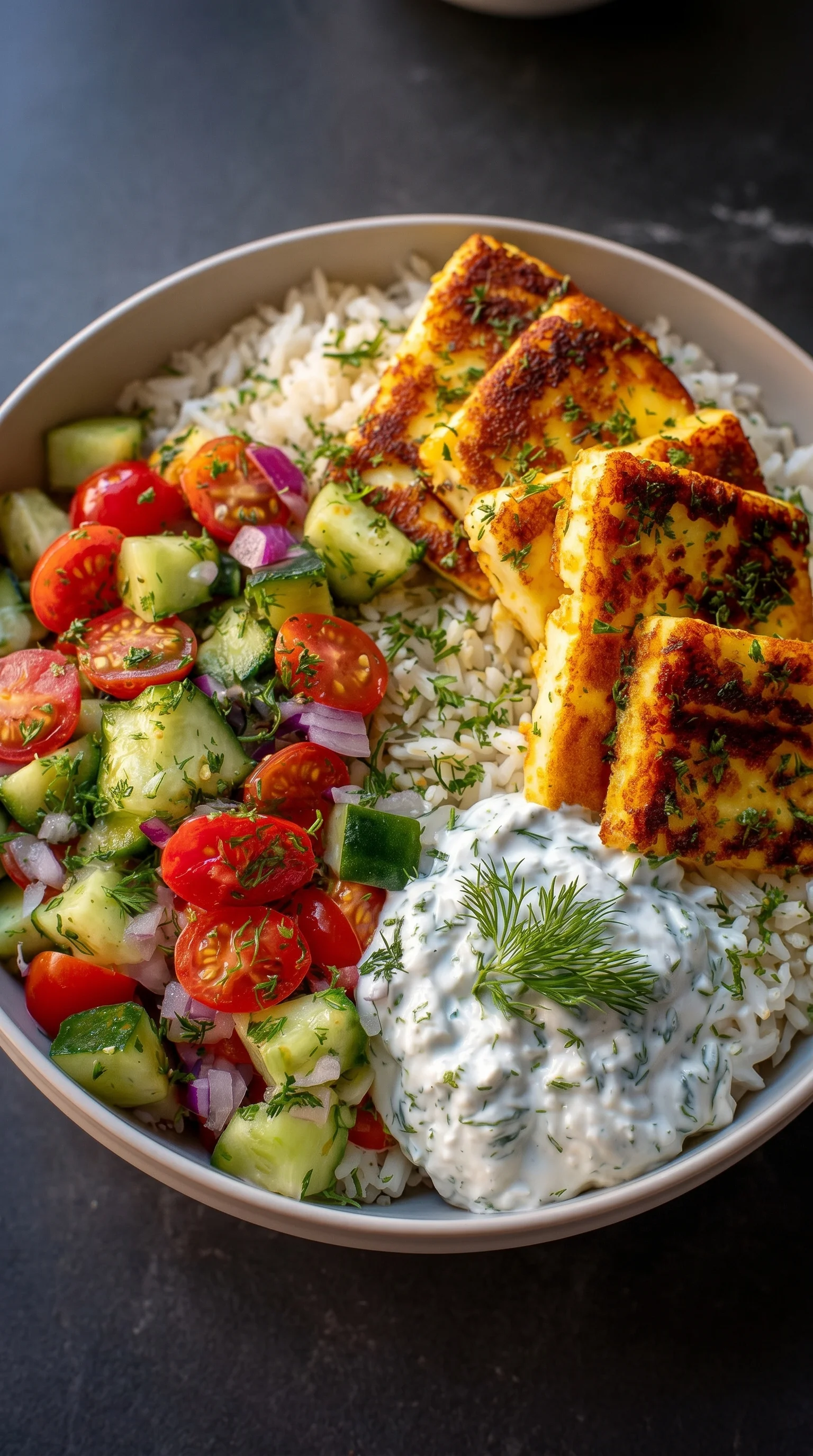 A bowl of food with rice, tomatoes, onions, and cucumbers.