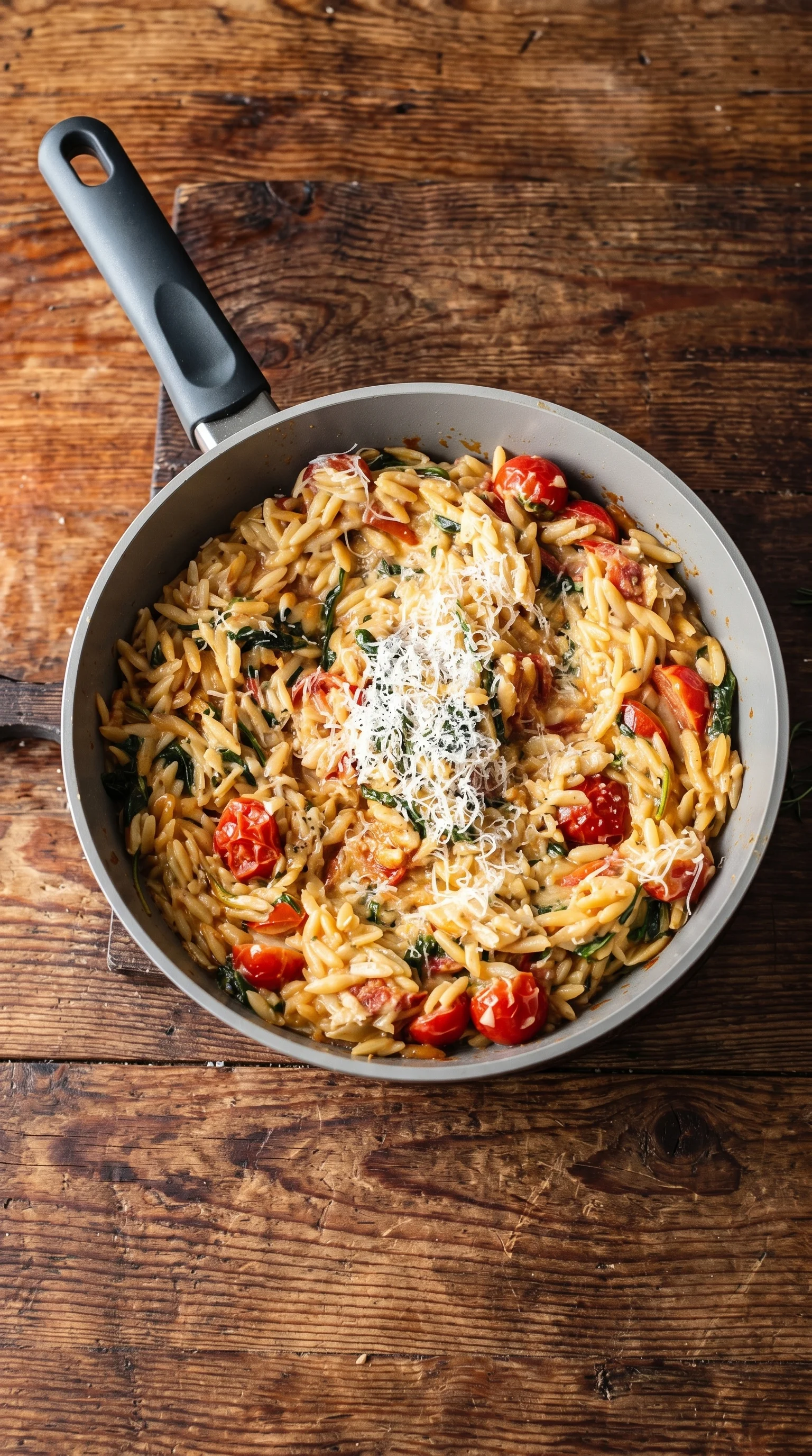 A bowl of pasta with tomatoes and spinach.