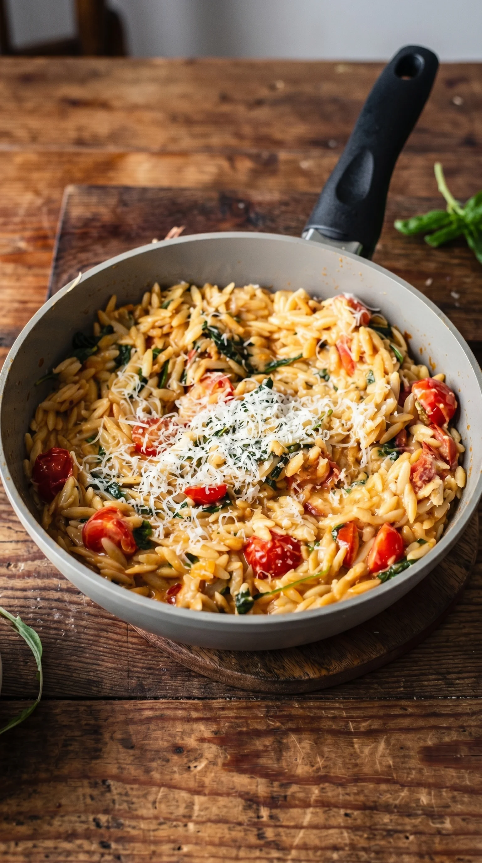 A bowl of creamy orzo with spinach.